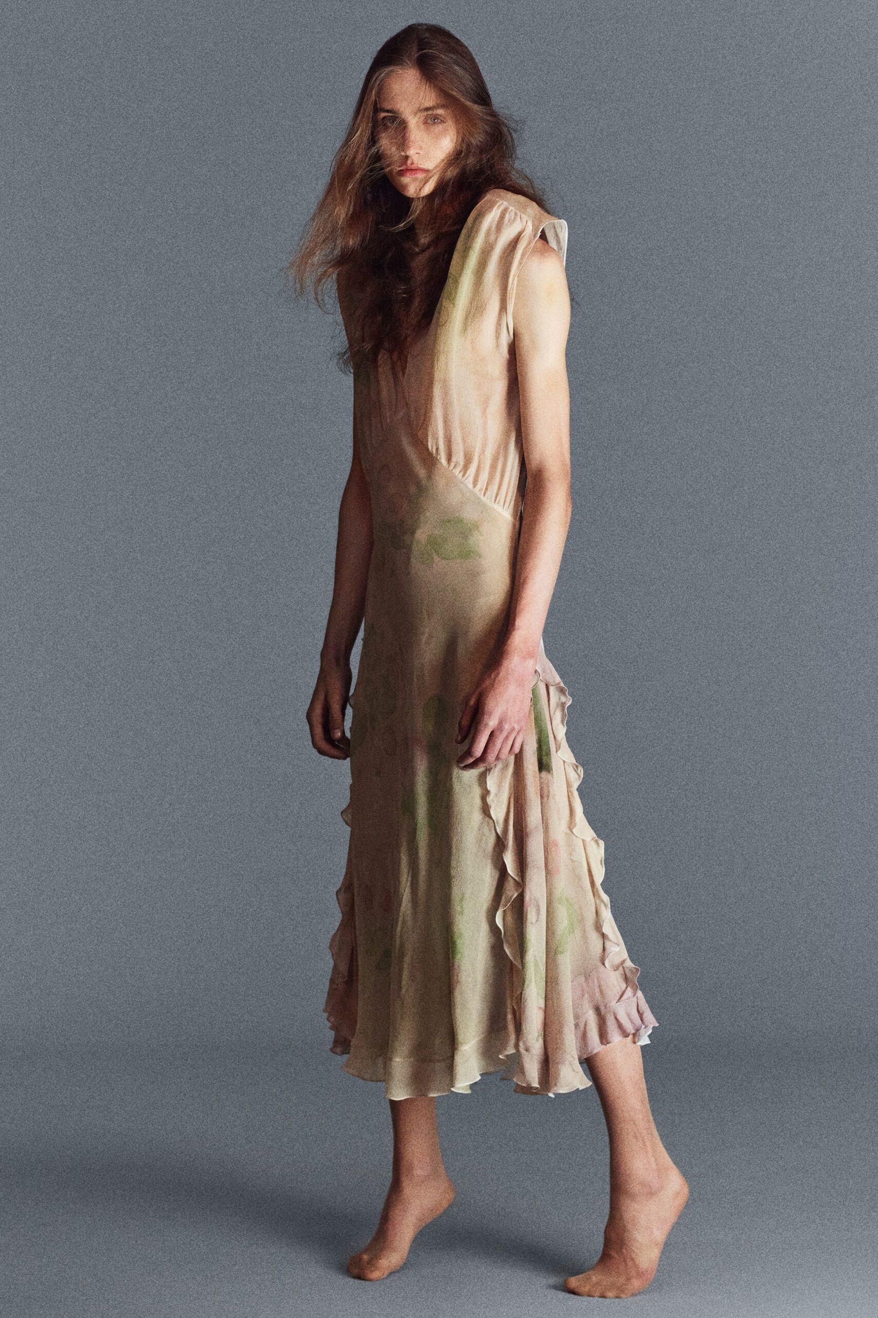 beige silk ruffled midi dress