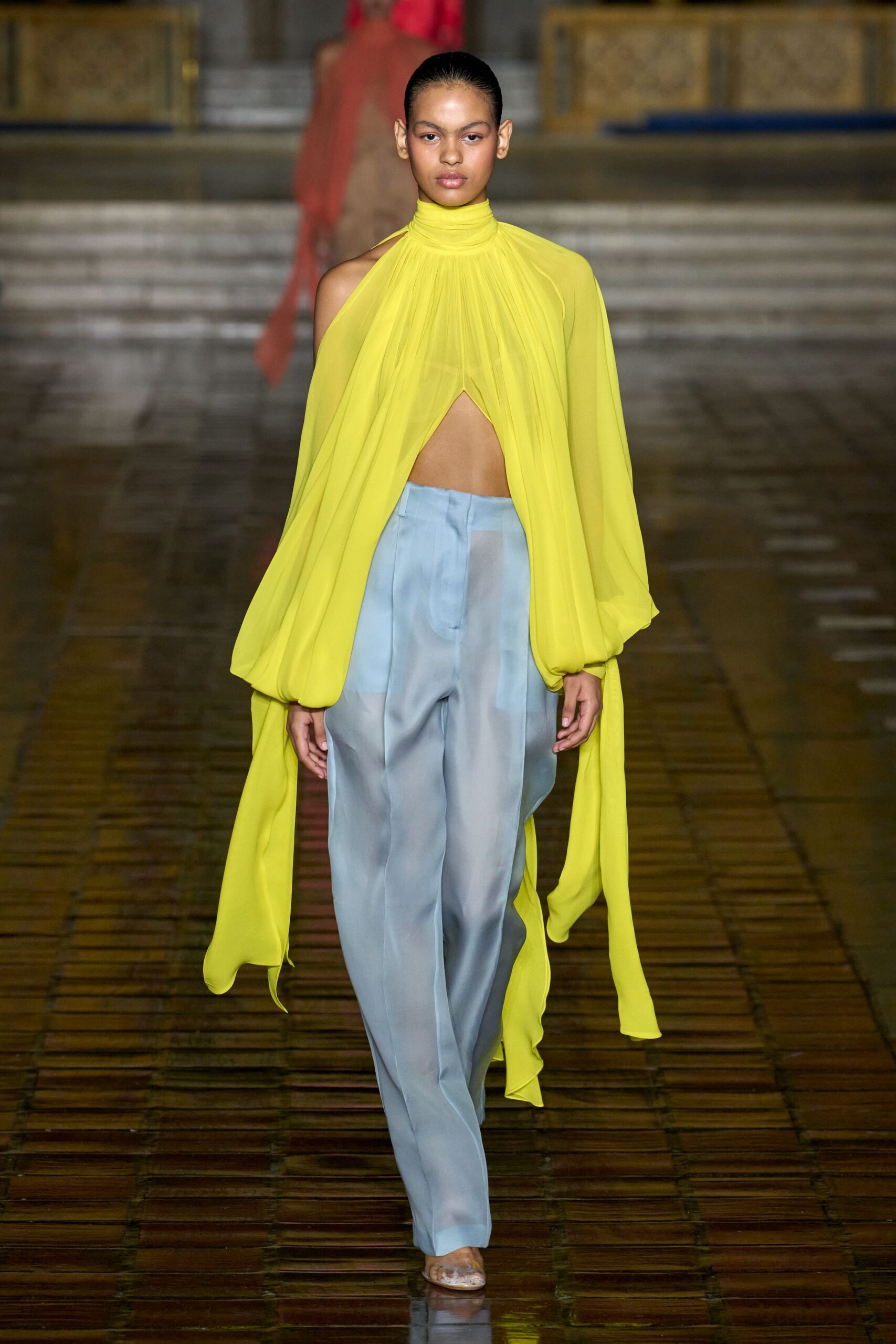 yellow chiffon top blue pants