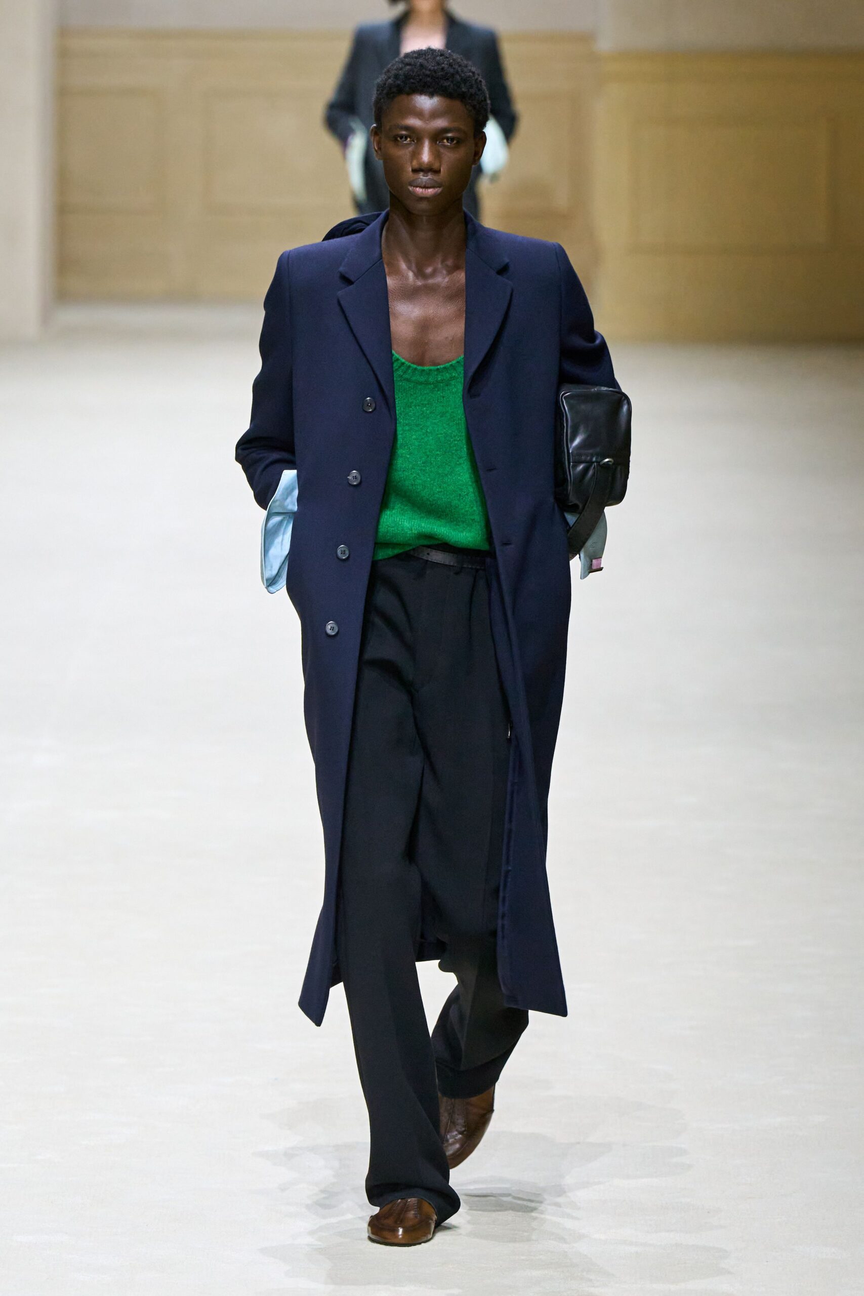 blue wool long-sleeve collared tailored buttoned coat