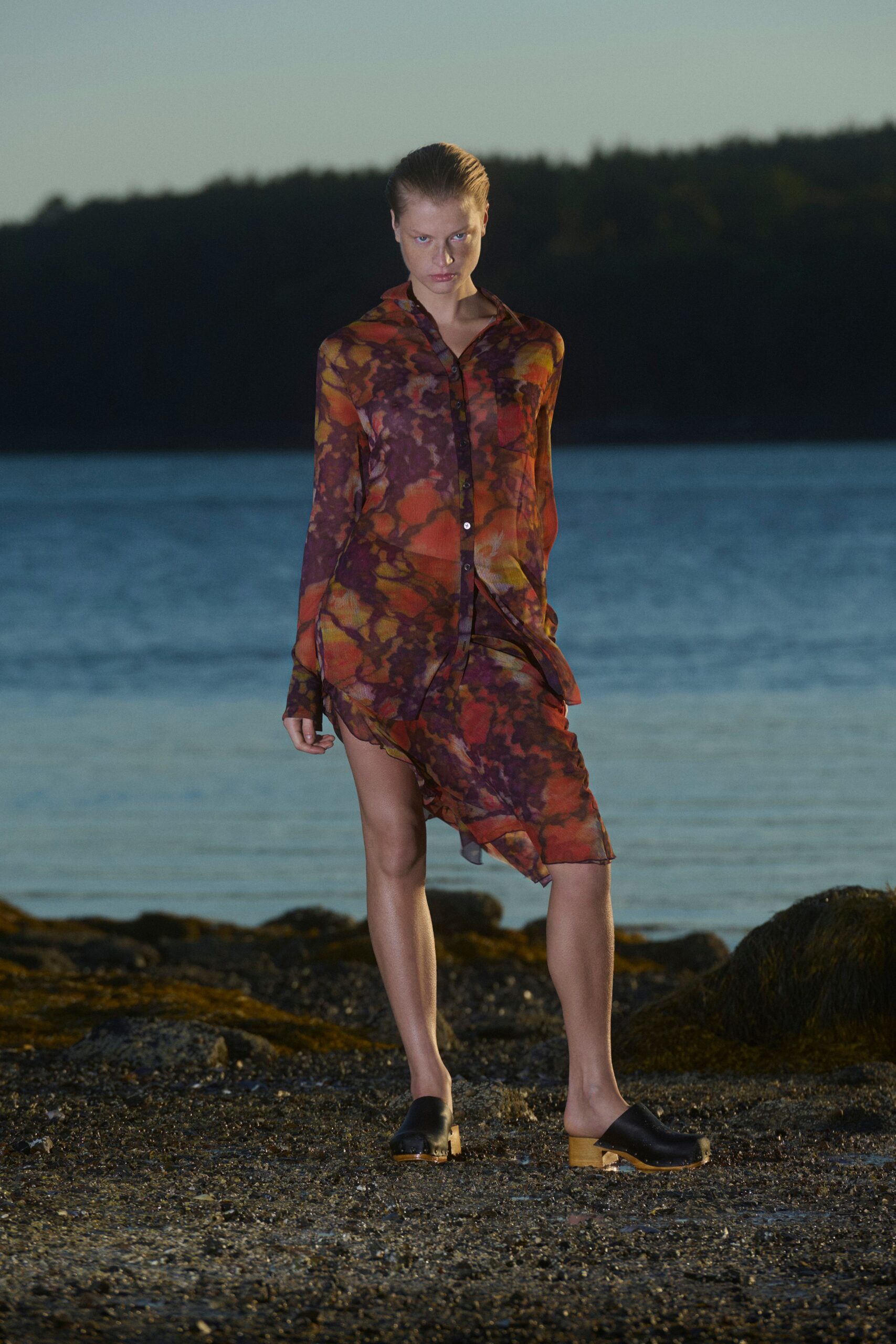 red silk long-sleeve collared relaxed layered flowing shirt-dress