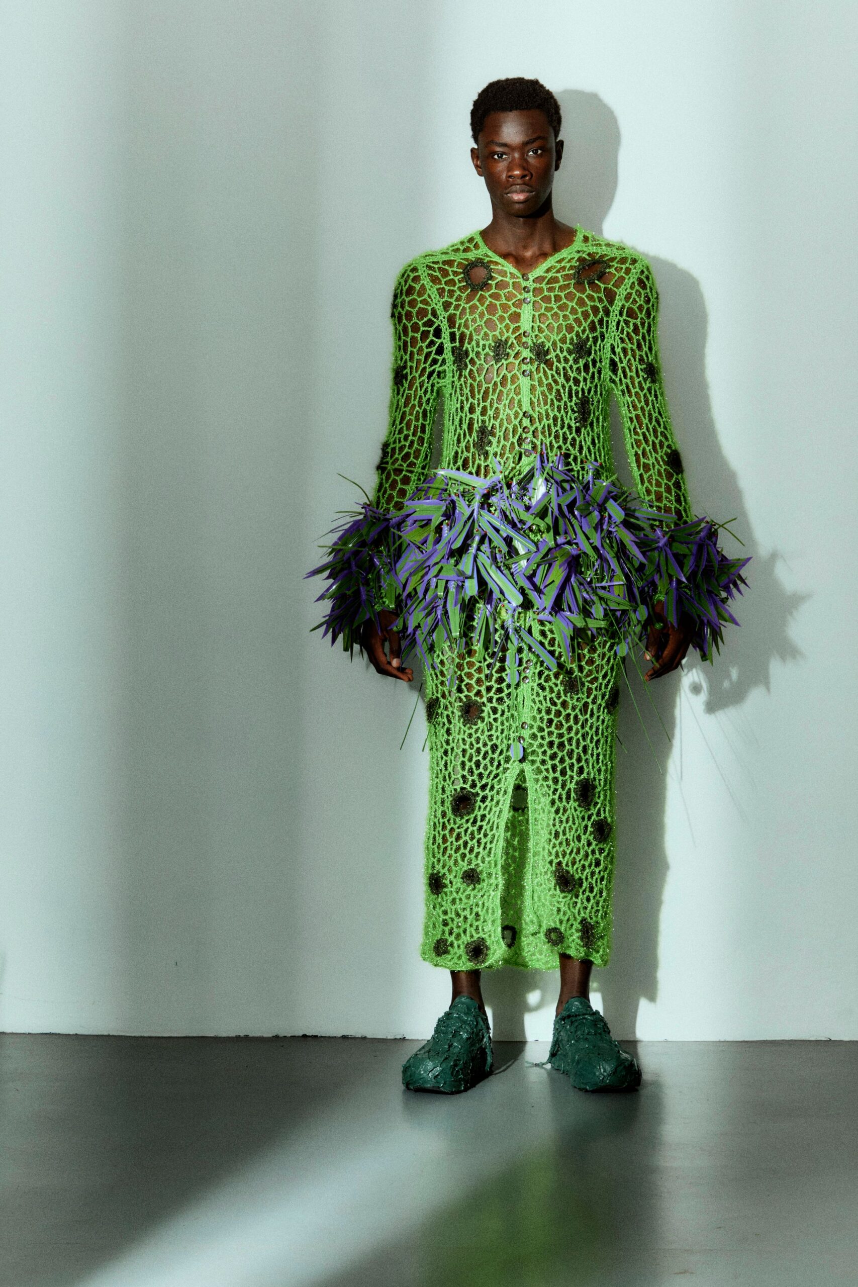 green mesh long-sleeve v-neck fitted draped layered dress