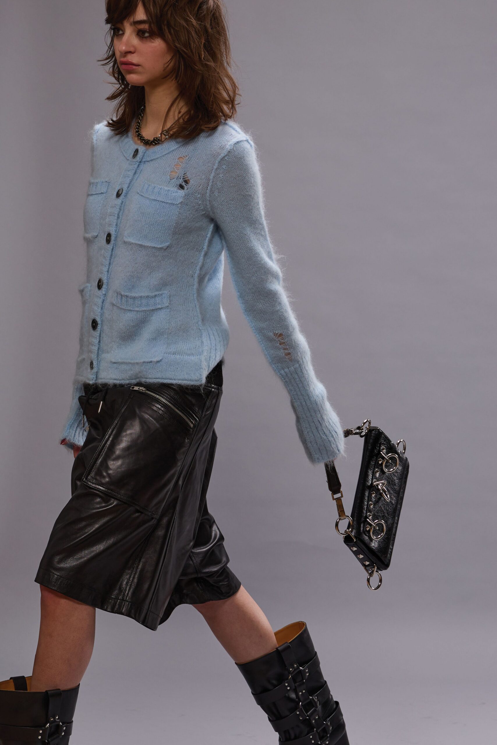 blue wool long-sleeve collared relaxed buttoned pockets cardigan