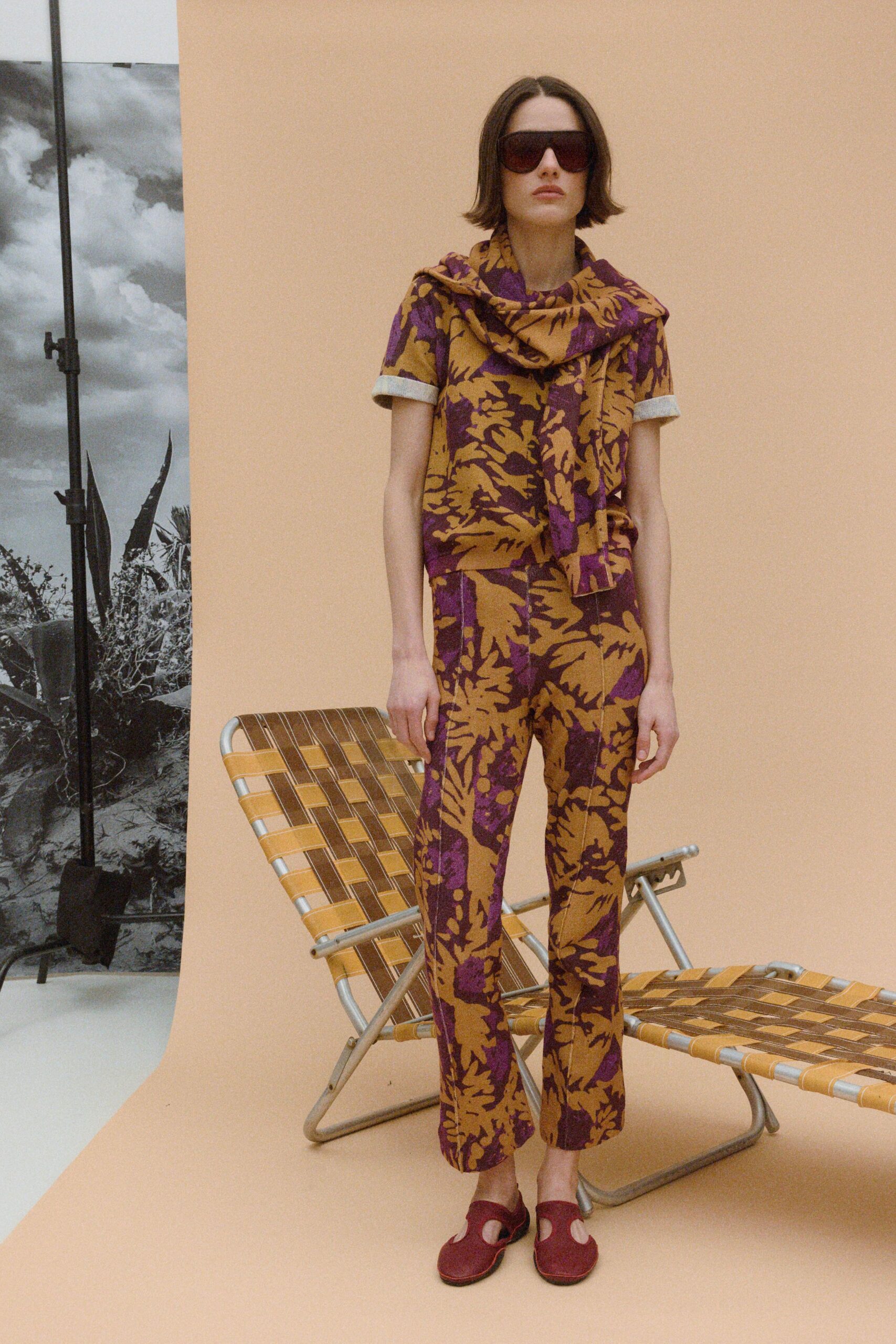 printed purple and orange outfit