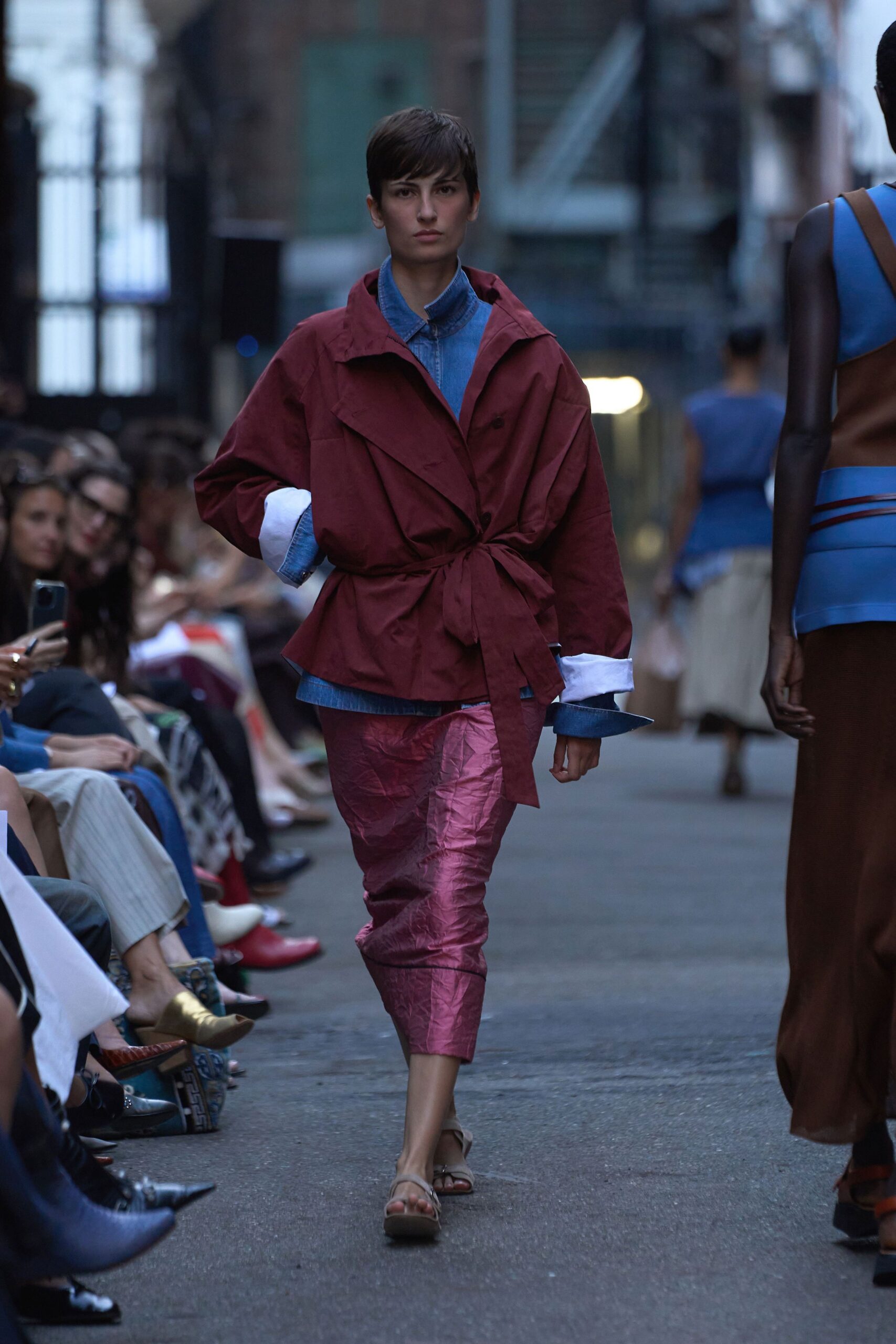 red cotton long-sleeve collared relaxed belted jacket