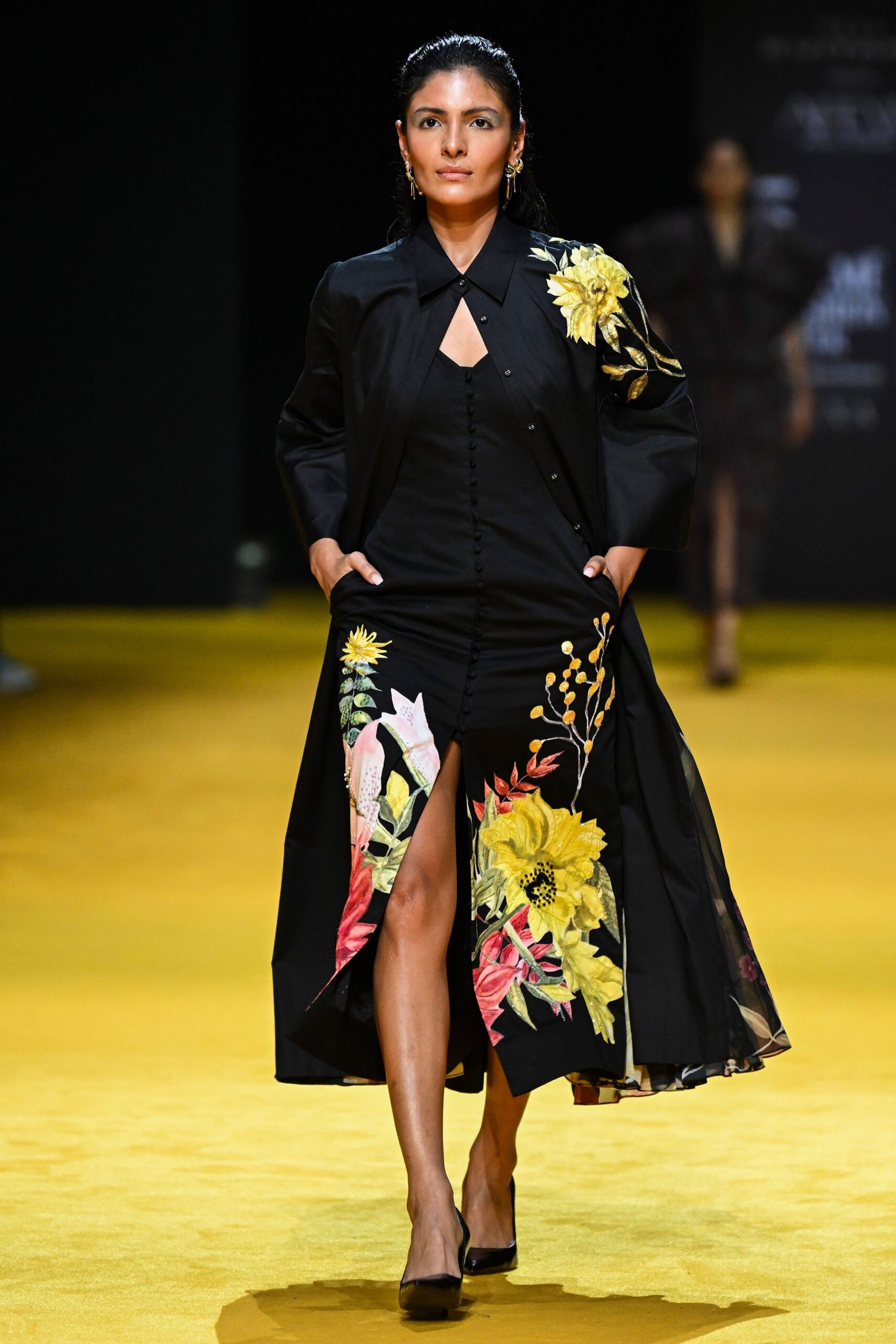 black embroidered midi dress with heels