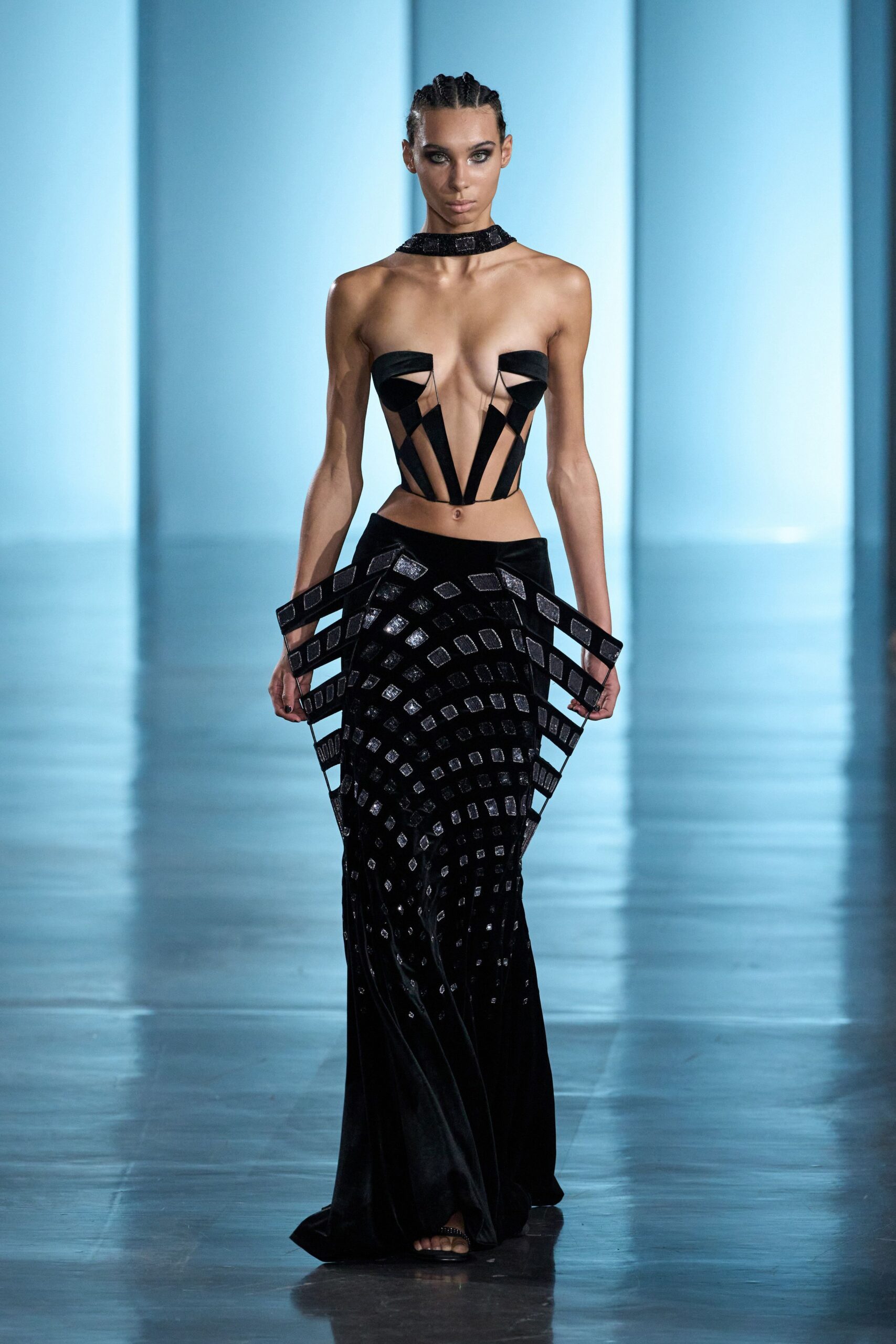 black velvet sleeveless gown