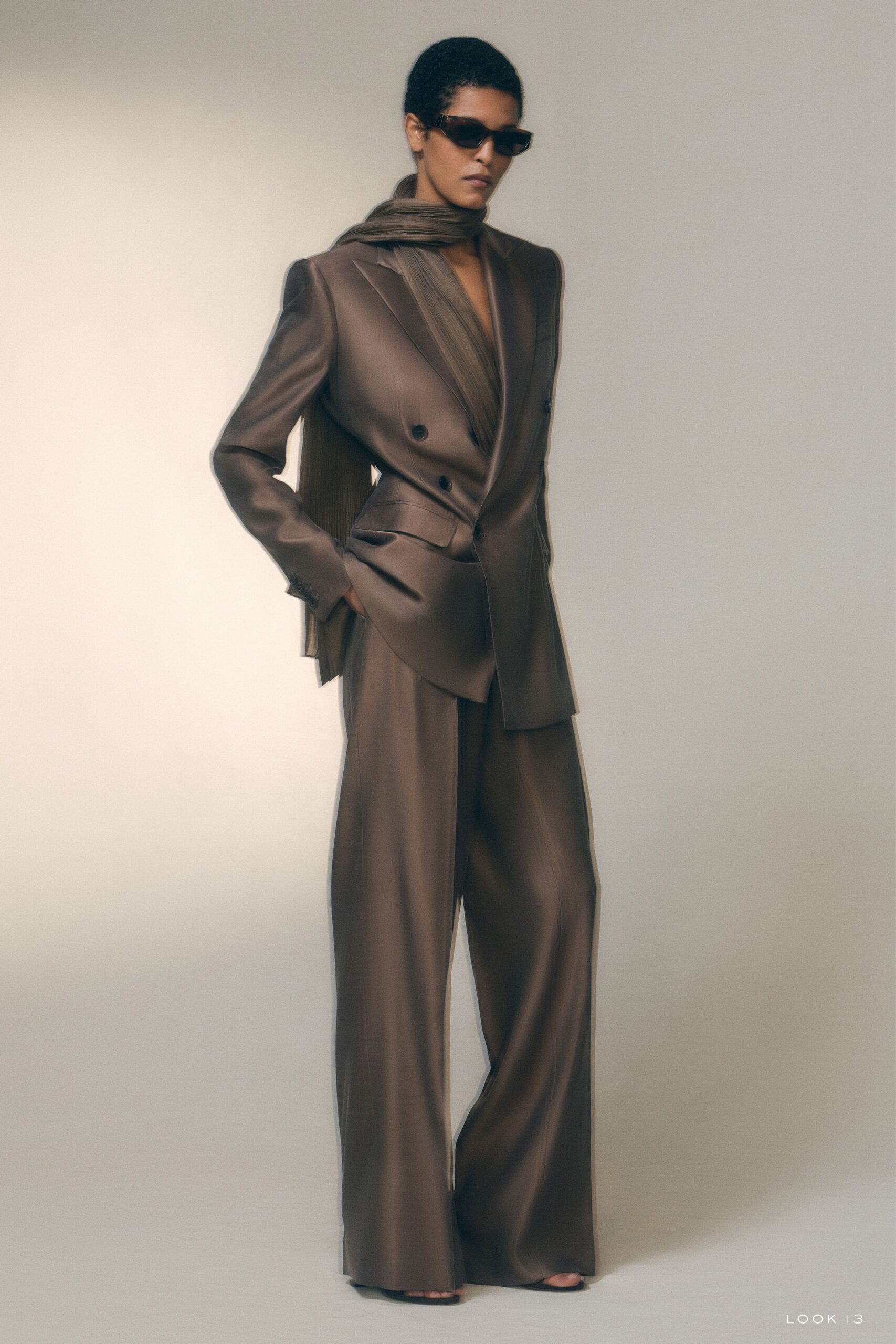 brown silk long-sleeve collared tailored pleated suit