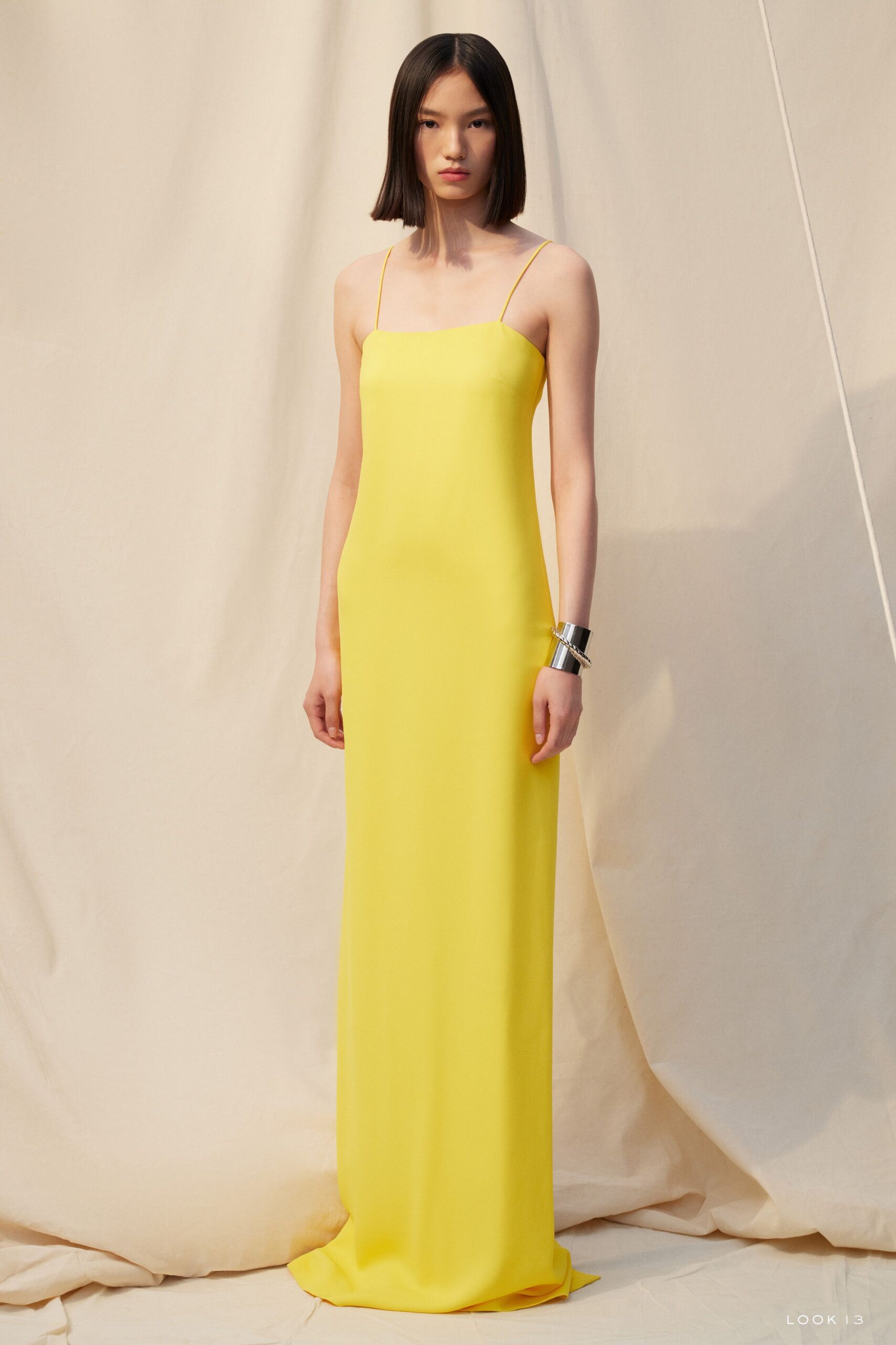fitted yellow silk gown
