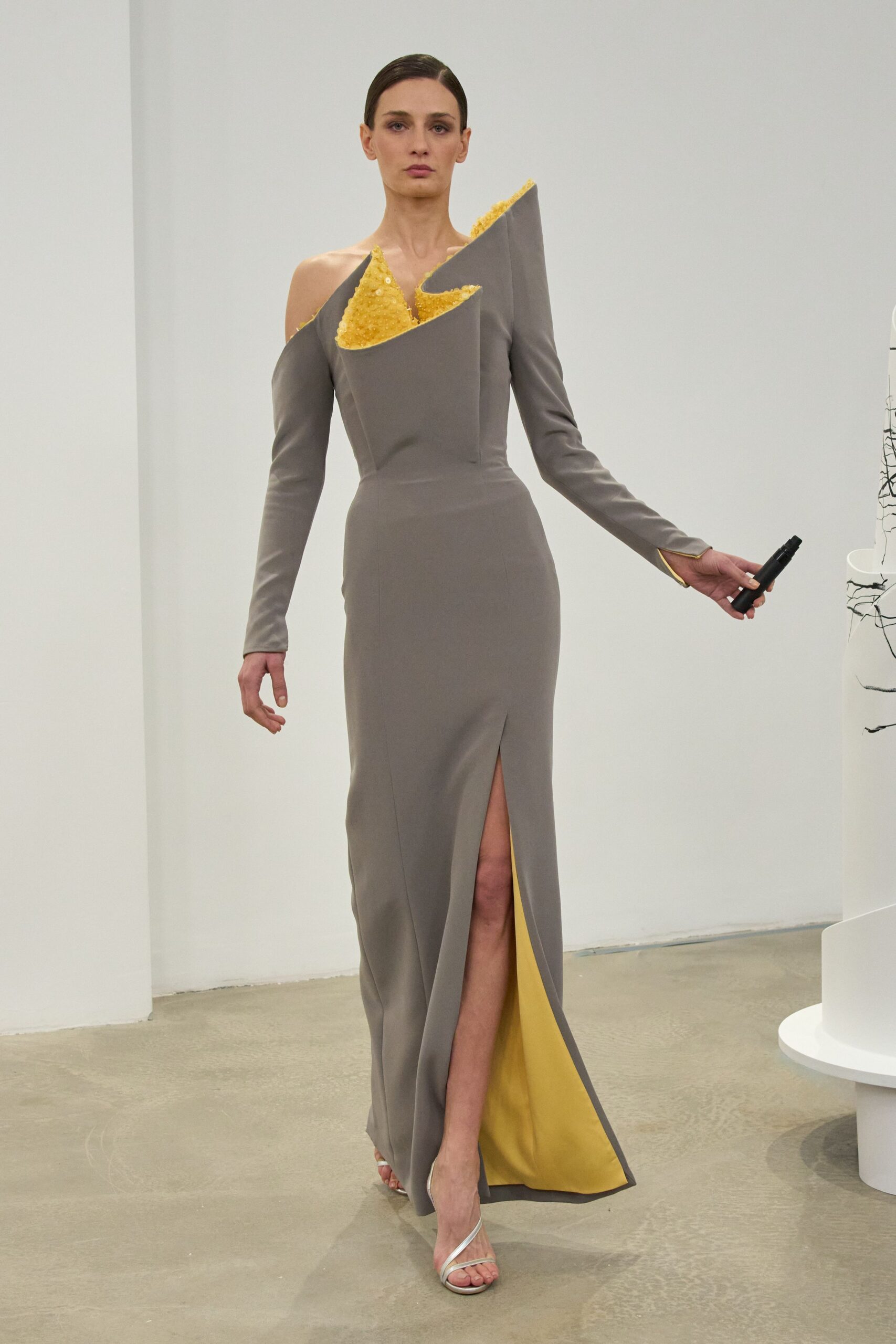 gray silk long-sleeve off-shoulder fitted draped embellished gown