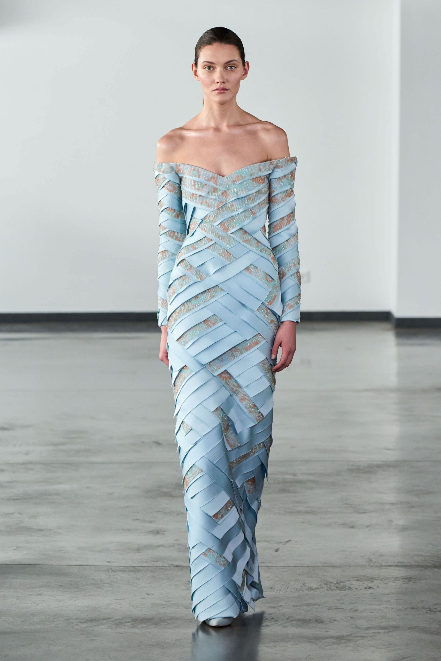 blue silk off-shoulder gown