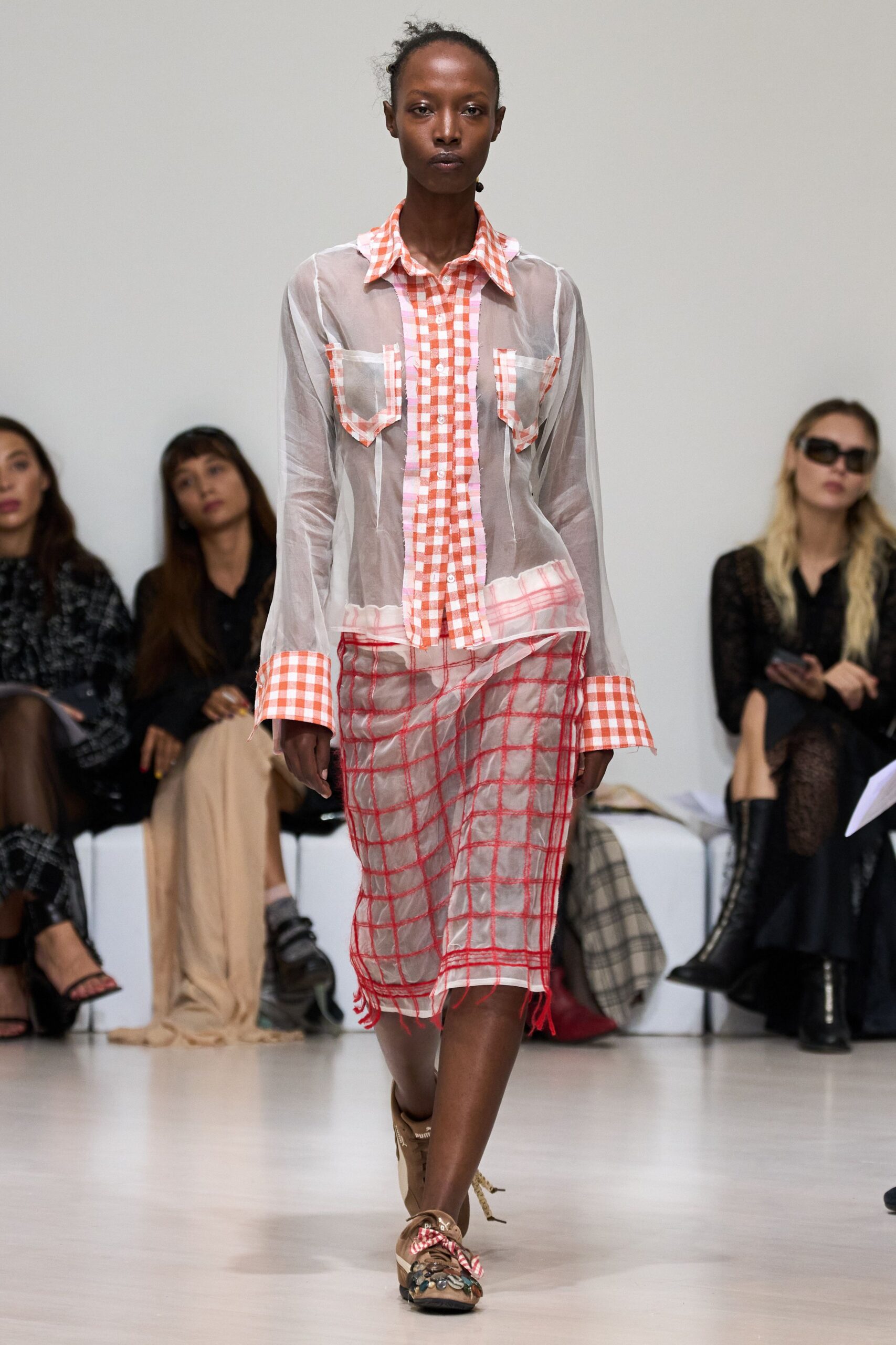 checked shirt sheer skirt