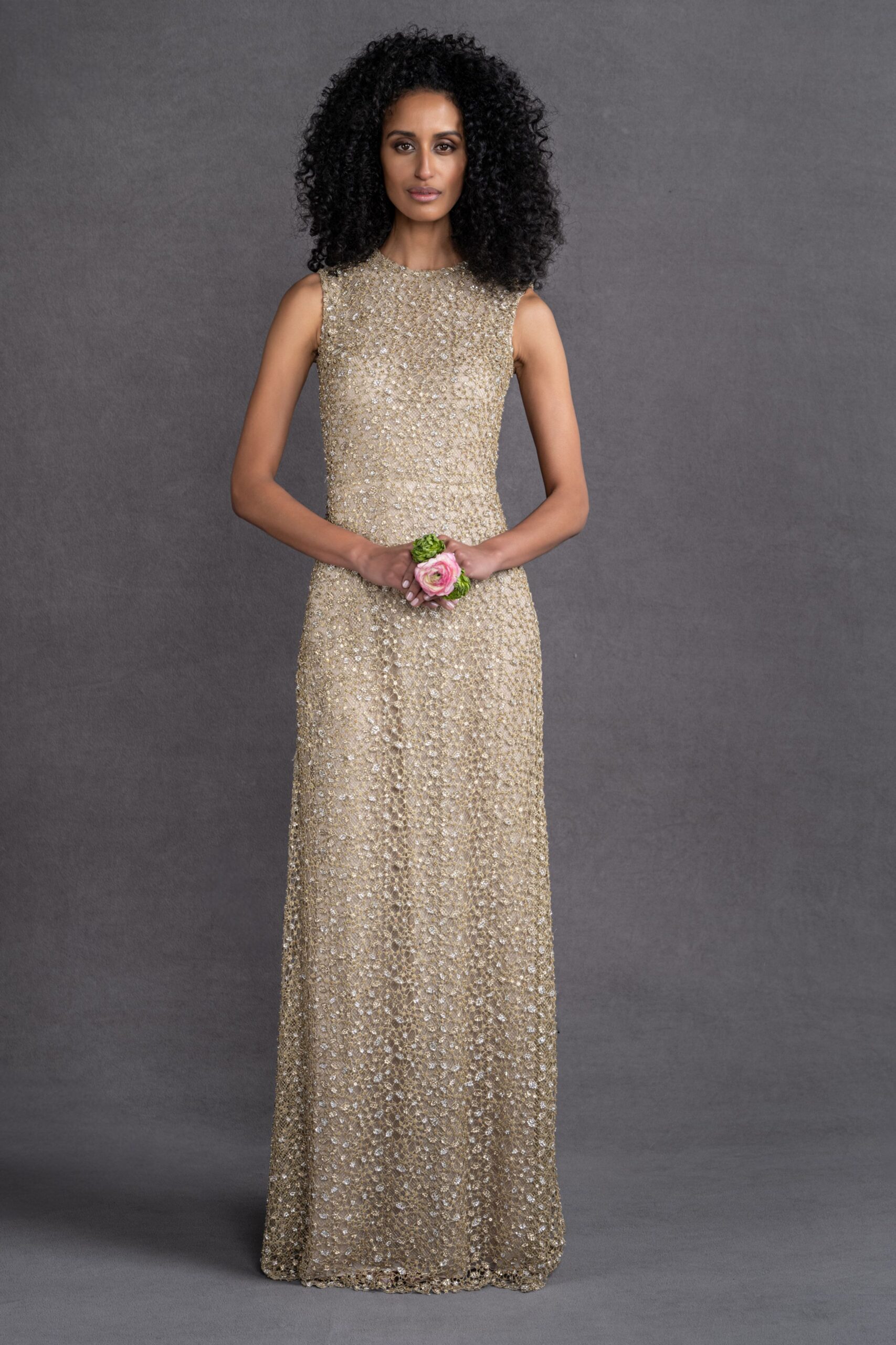 gold beaded sleeveless gown