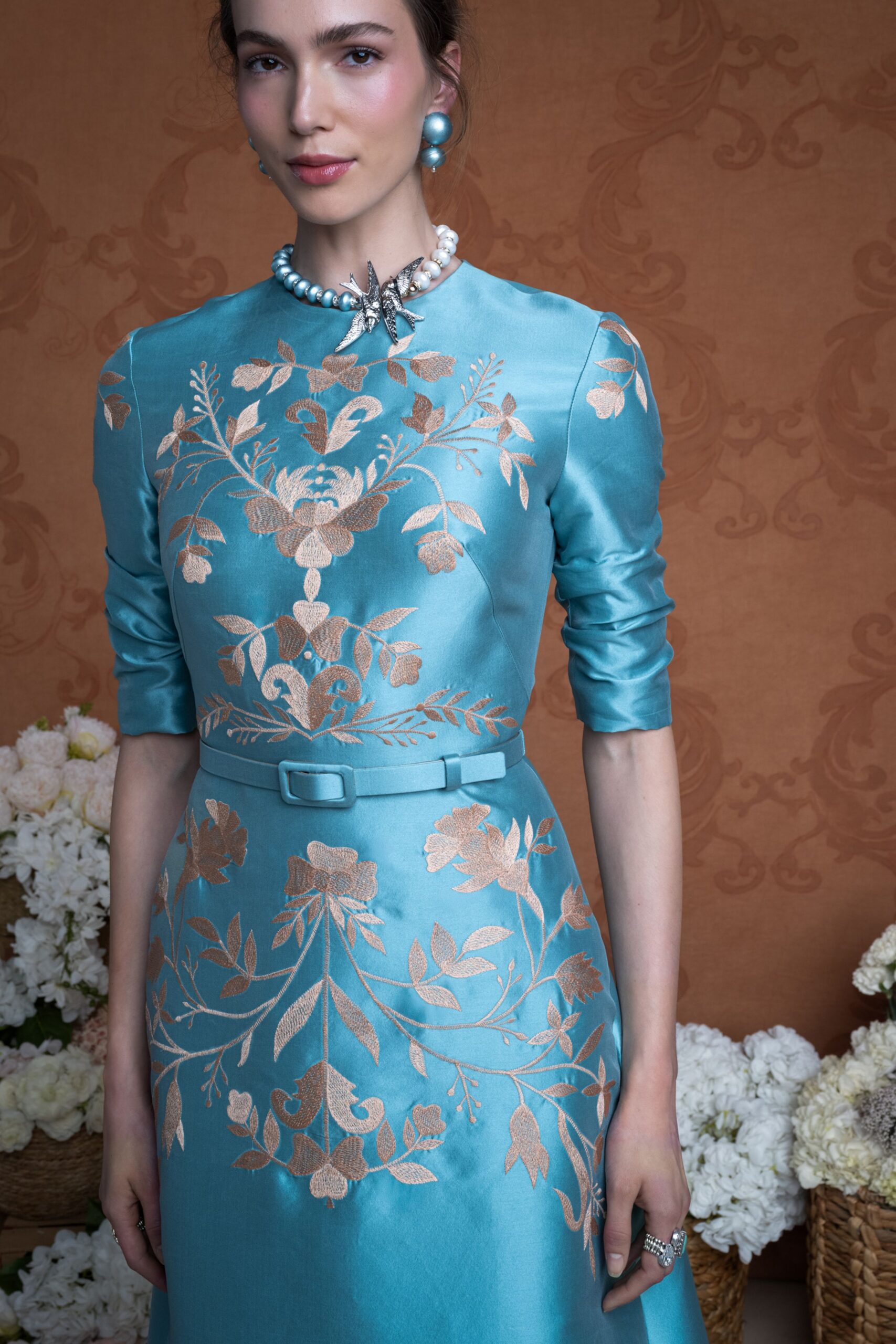 blue silk embroidered midi dress
