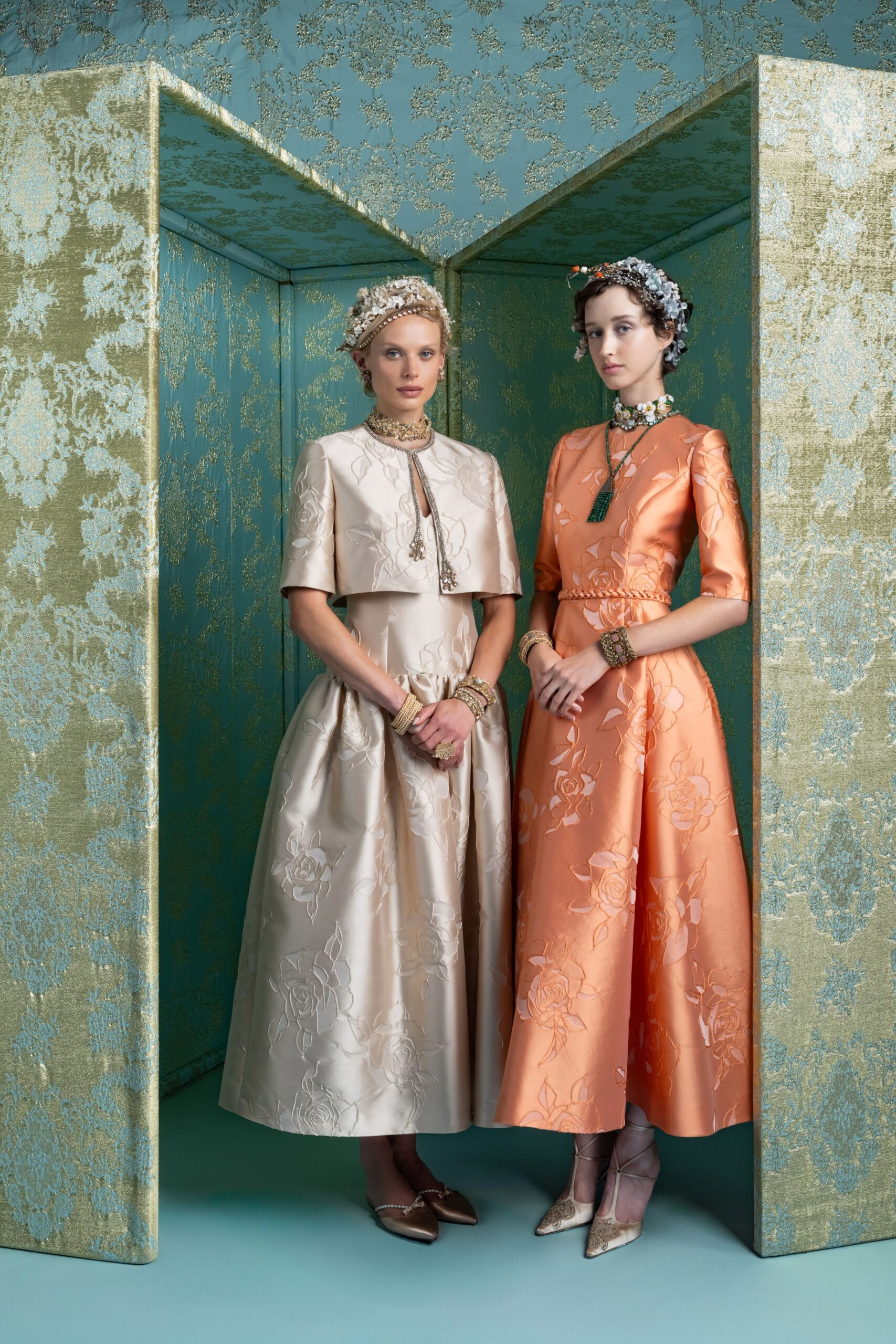 beige and orange embroidered midi dresses