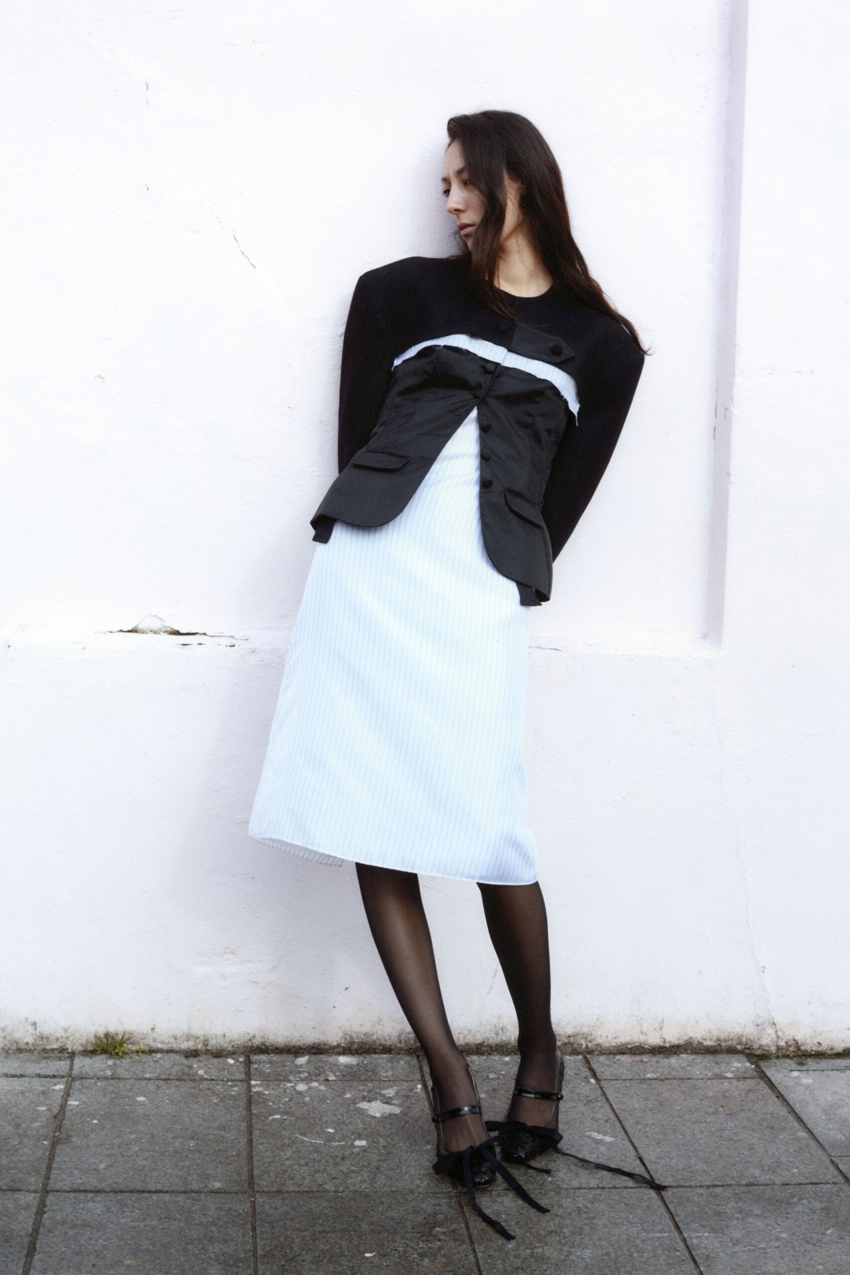 black blazer blue midi skirt