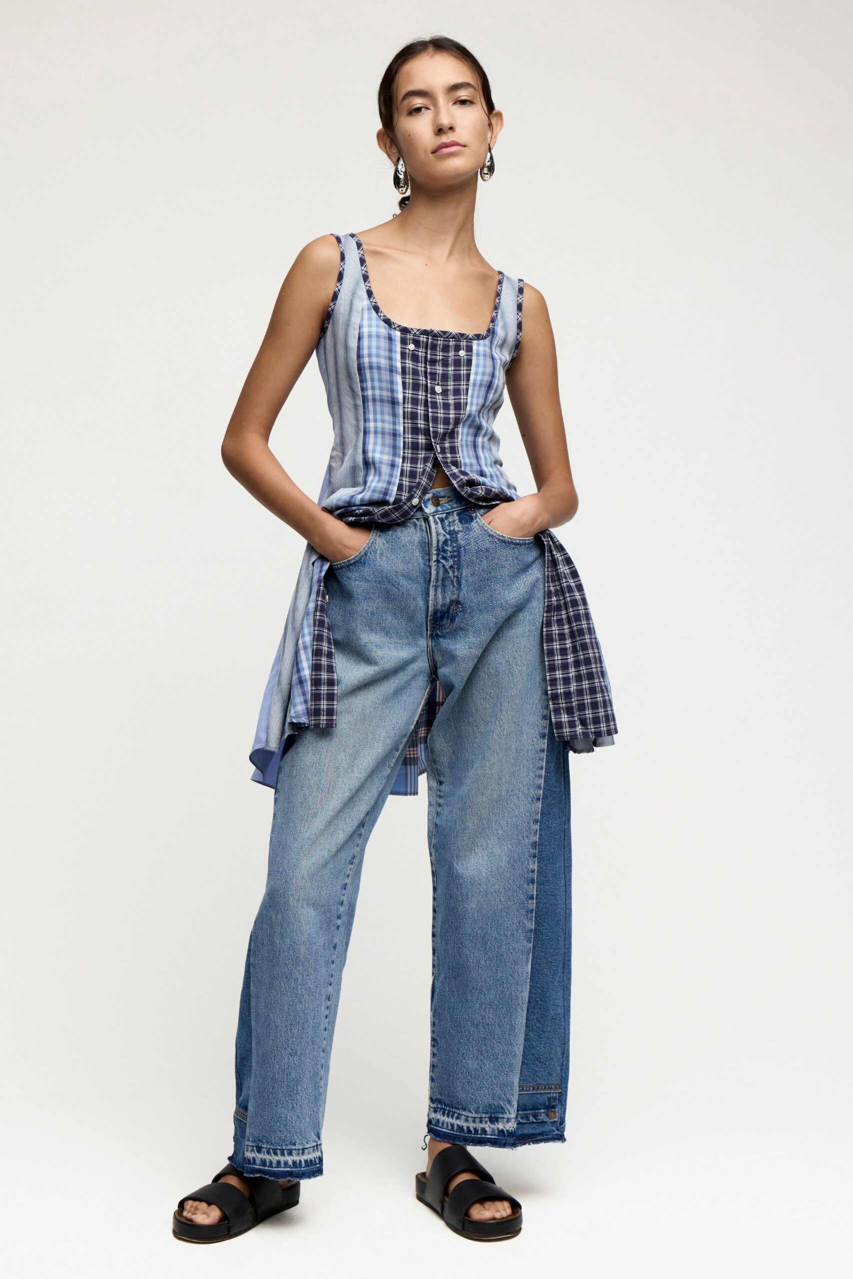 blue checked top with denim pants