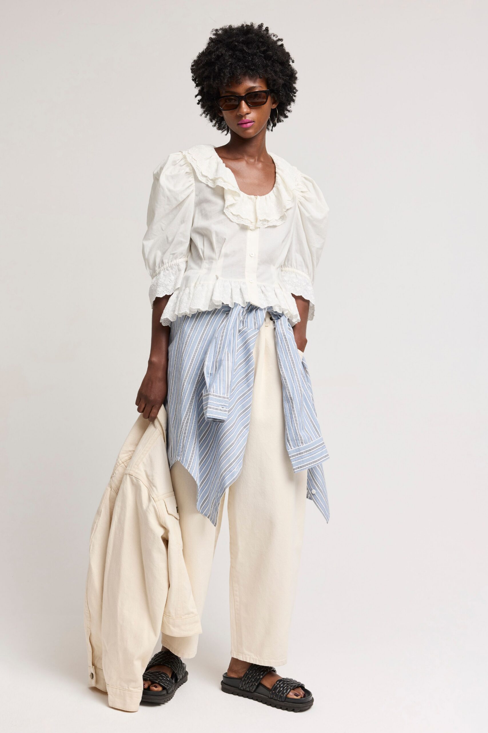 white cotton long-sleeve collared relaxed ruffled blouse