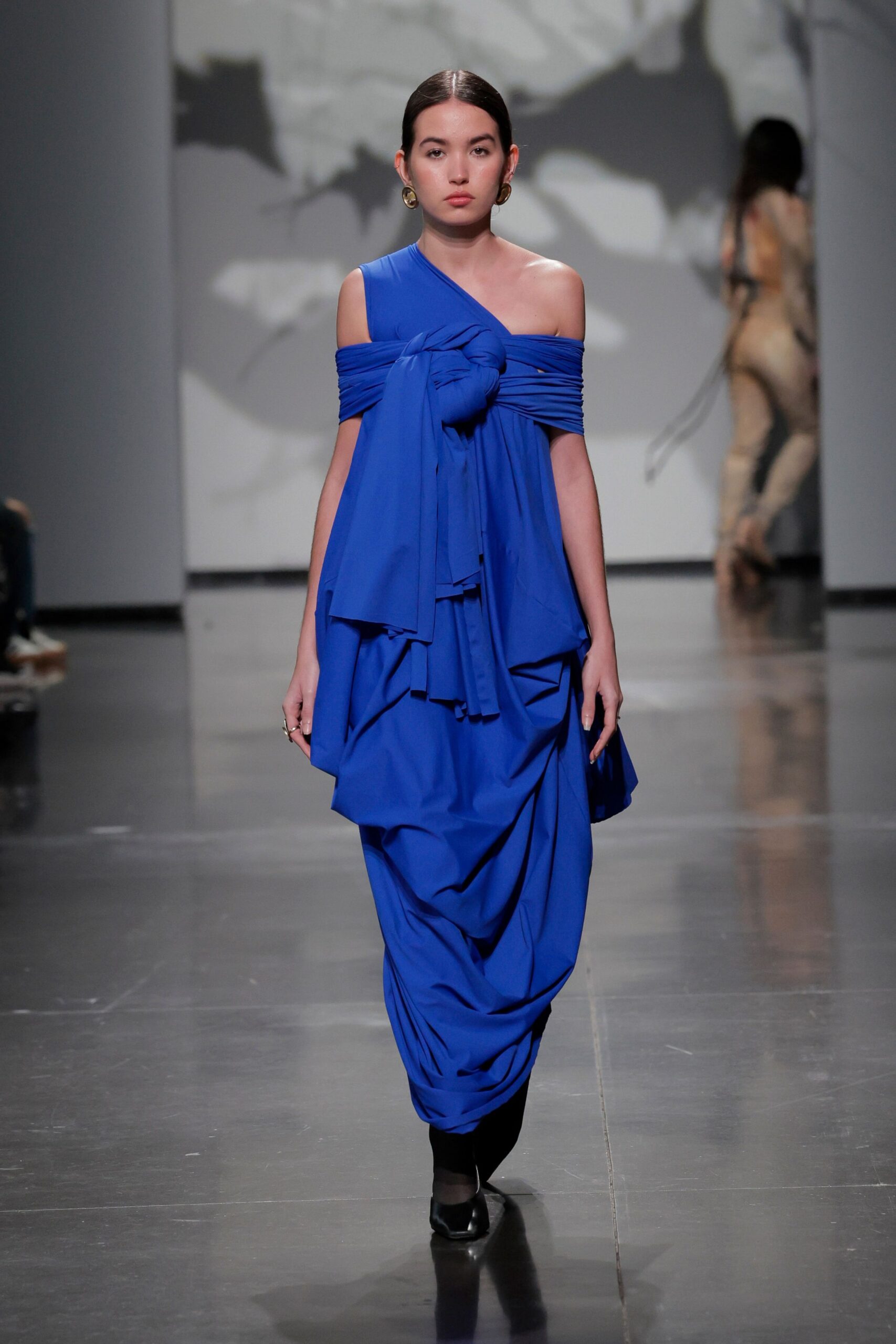 blue cotton sleeveless off-shoulder relaxed draped dress