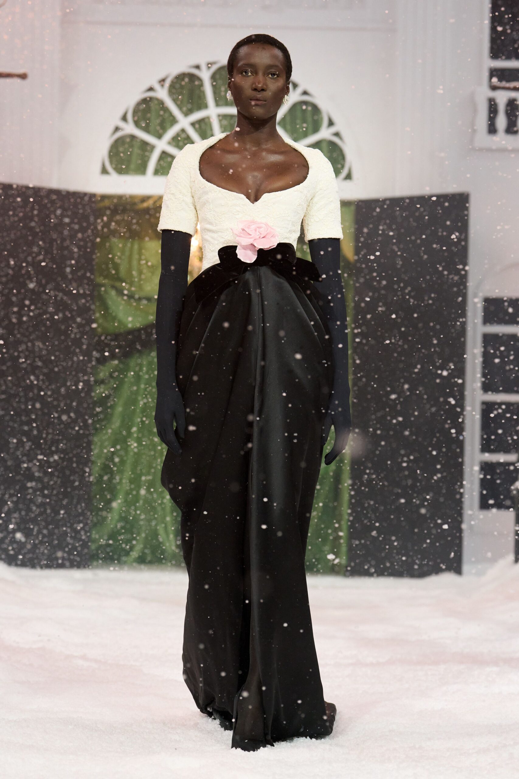 black and white pleated gown