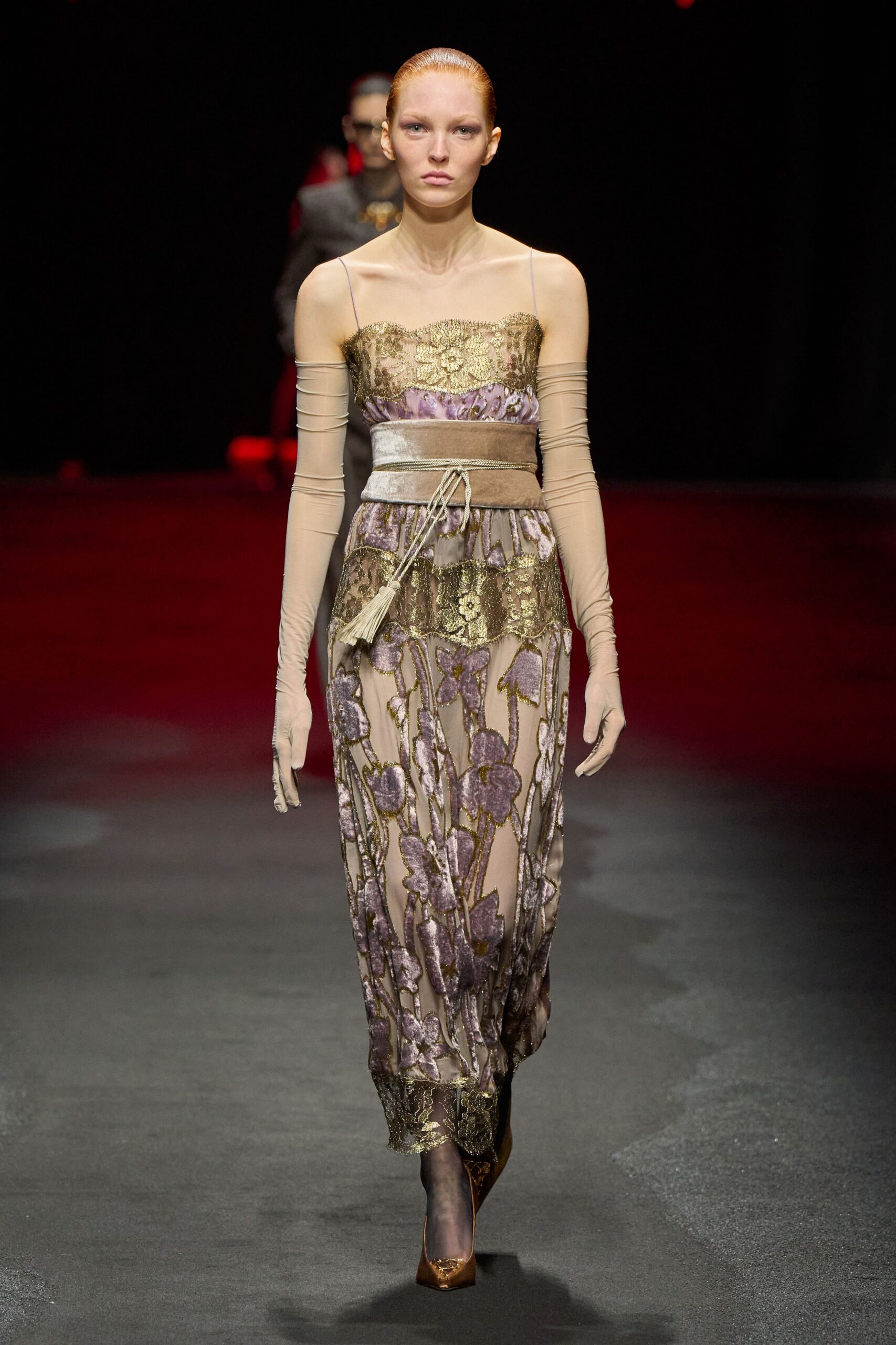 purple silk sleeveless off-shoulder fitted embroidered layered gown