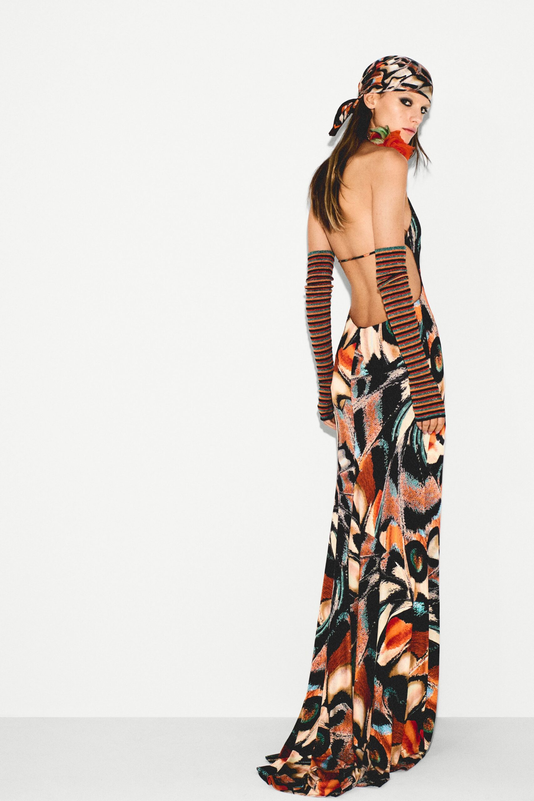multi-colored silk gown with headscarf