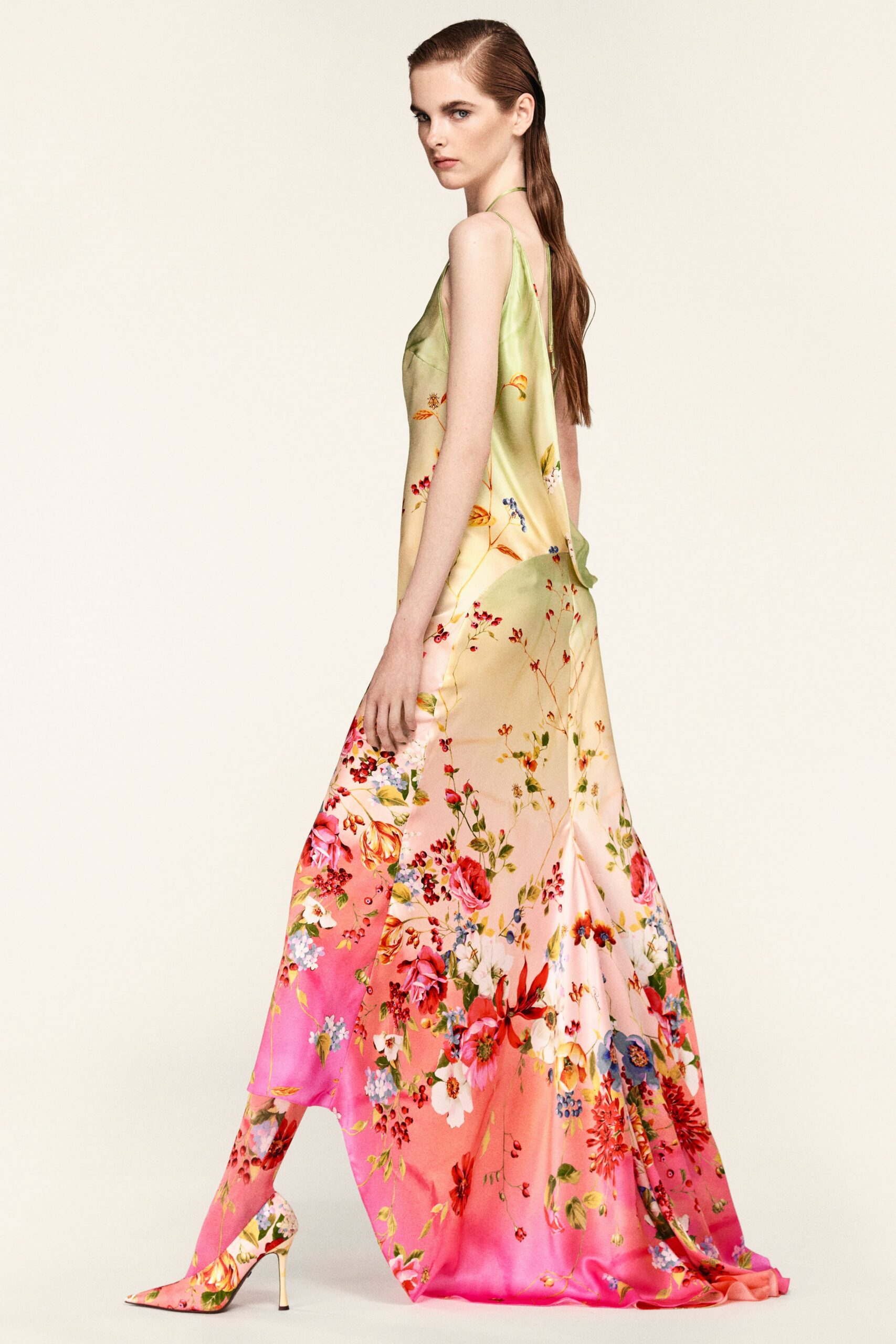 yellow silk sleeveless v-neck fitted floral draped gown