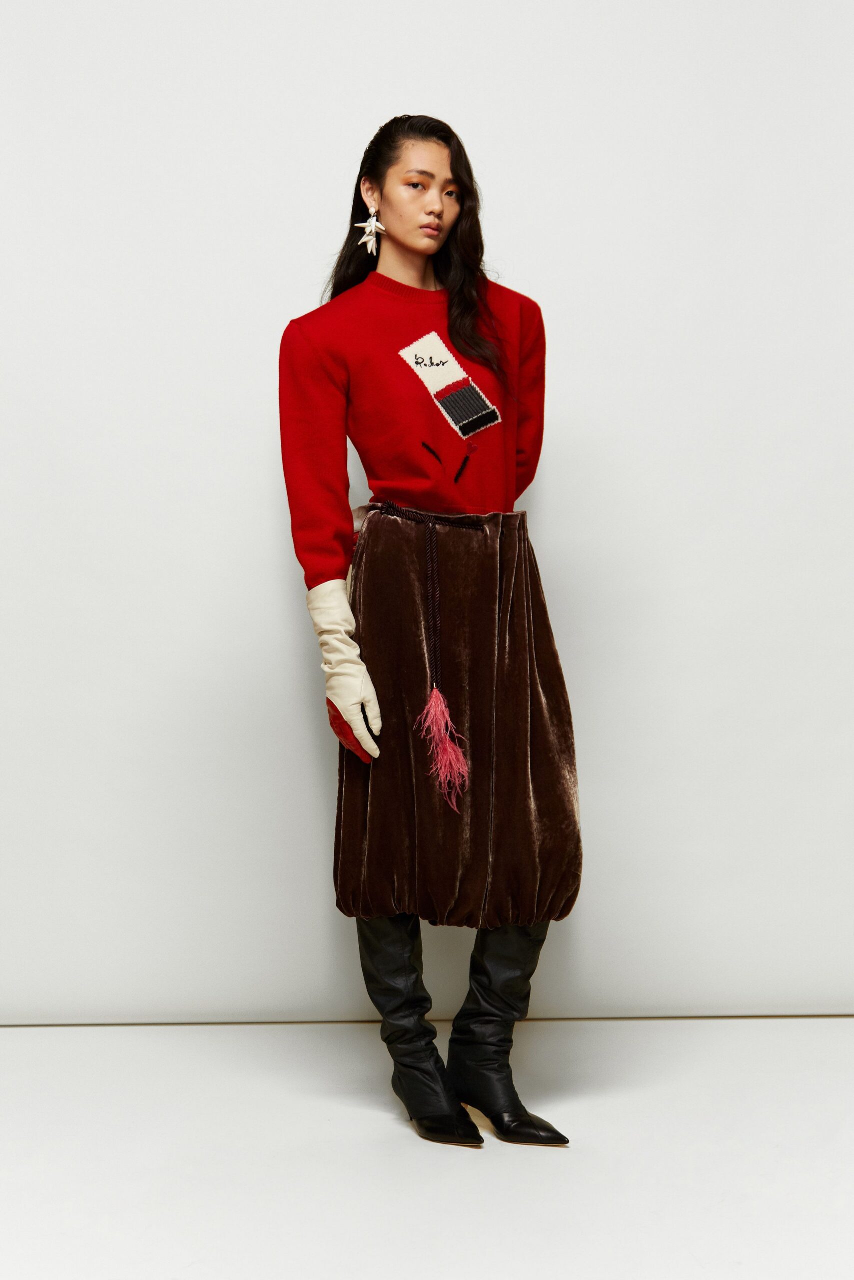 red cotton long-sleeve collared fitted embroidered top