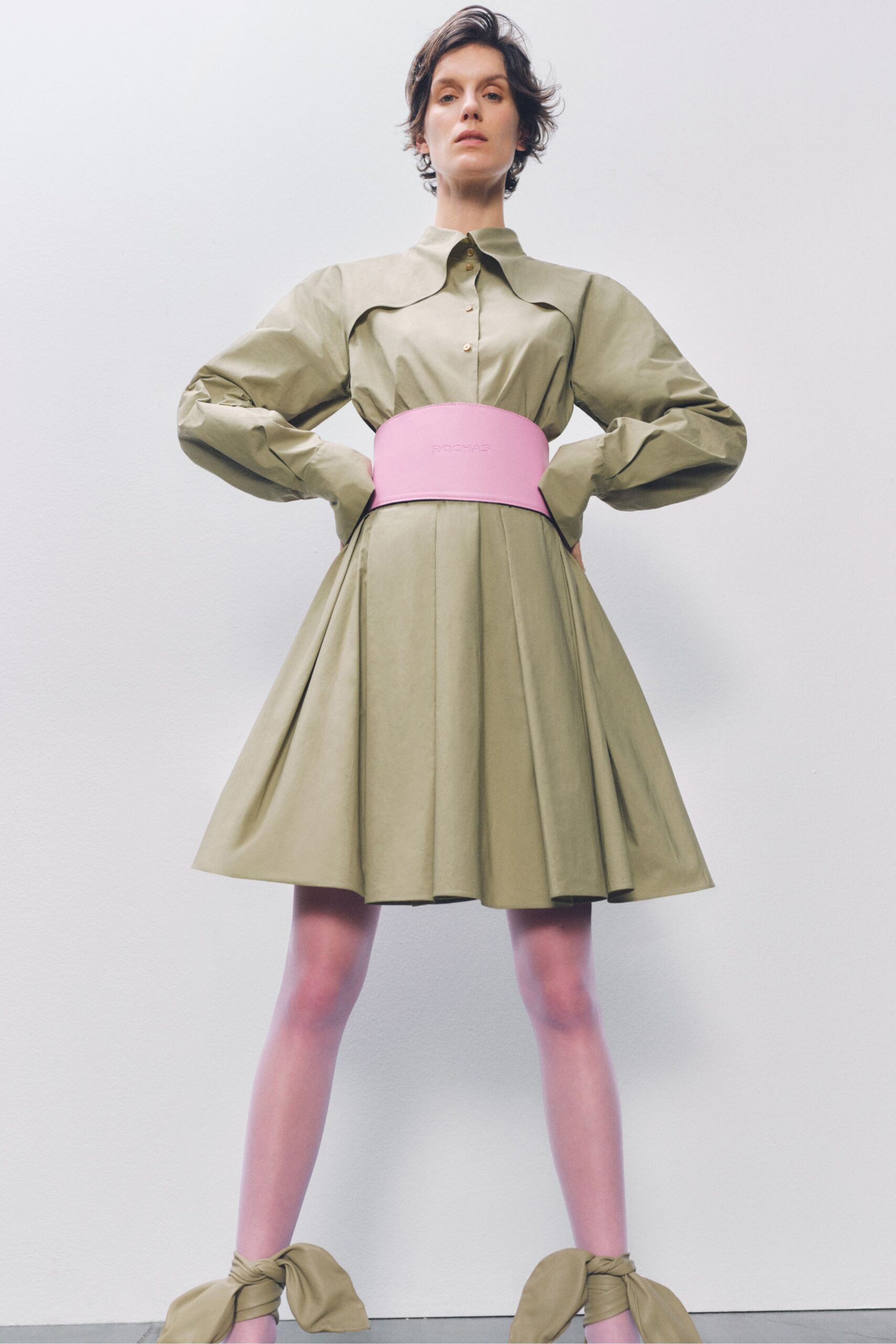 green leather long-sleeve collared fitted pleated mini dress