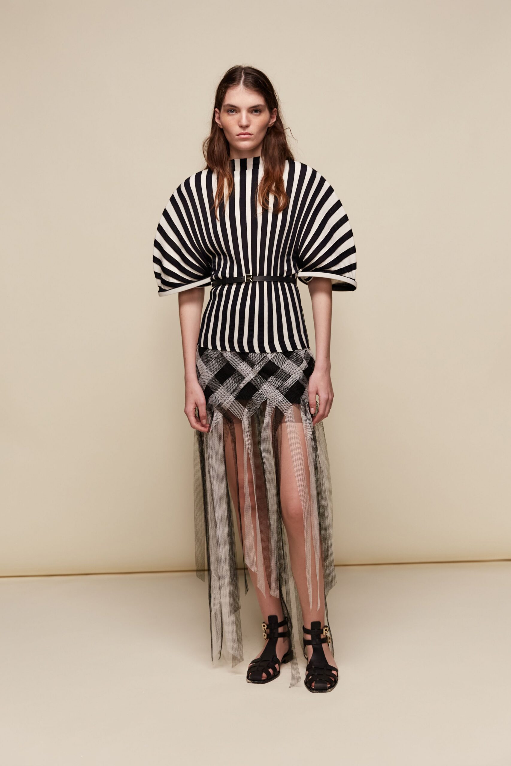black cotton short-sleeve high-neck fitted striped pleated dress