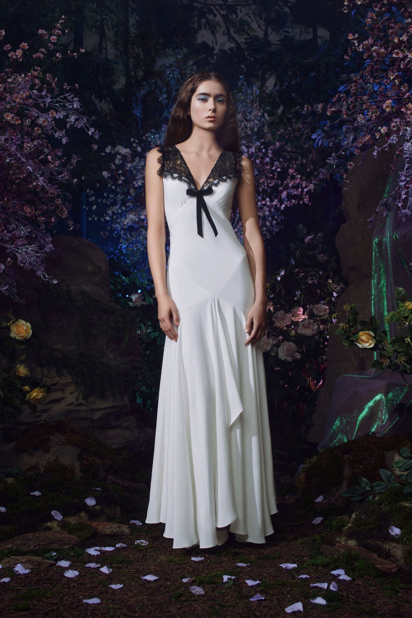 white silk sleeveless gown