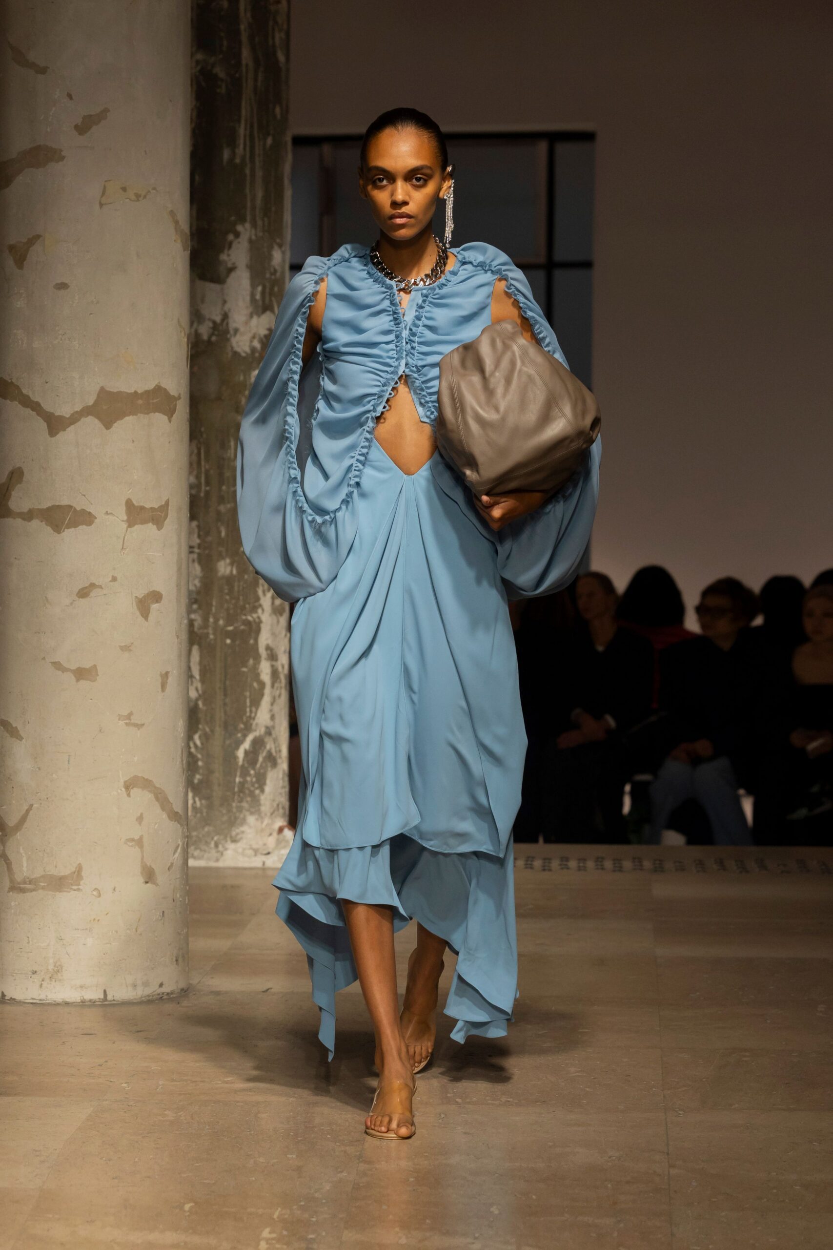 blue silk long-sleeve v-neck fitted ruffled draped dress