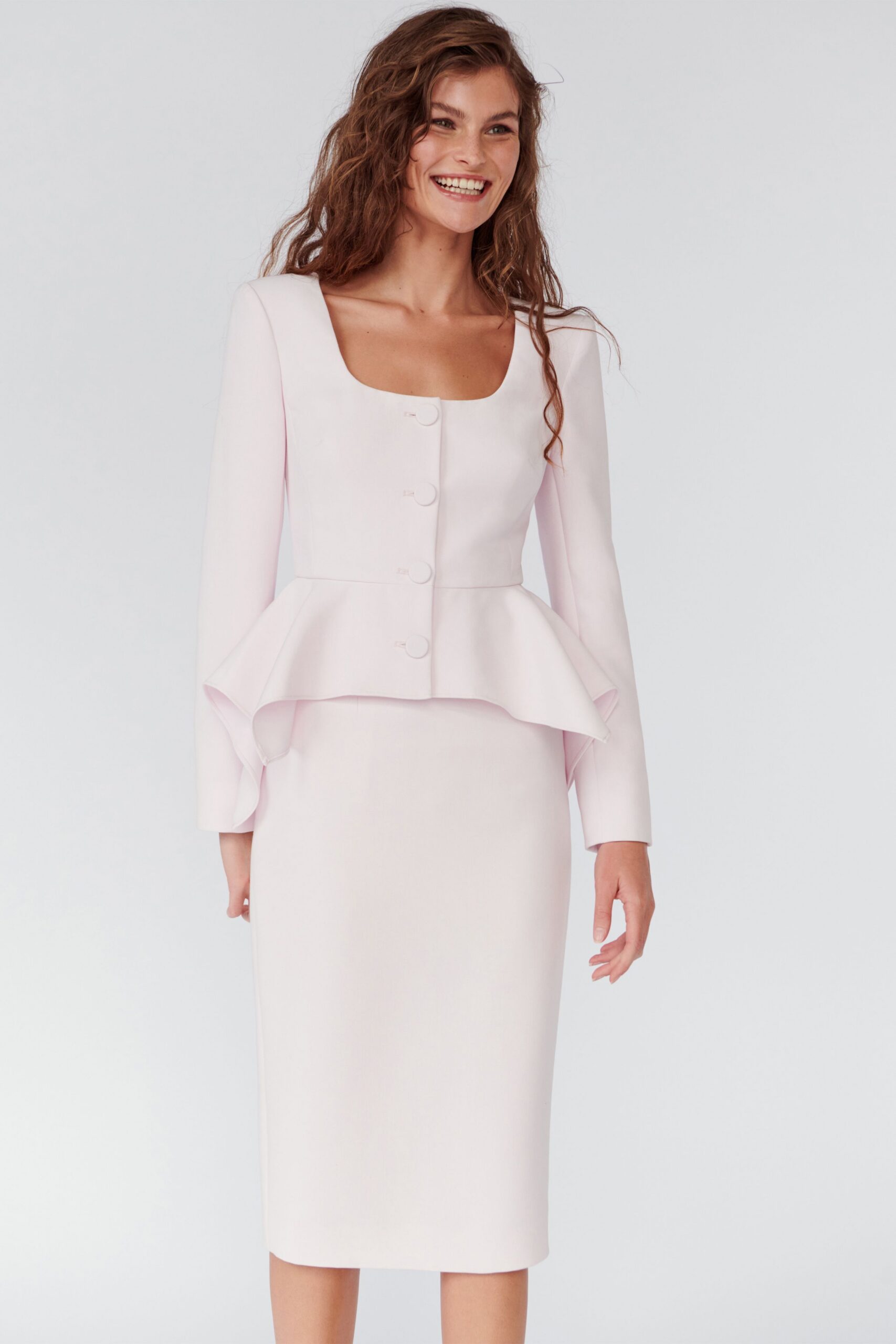 pink cotton long-sleeve collared fitted buttoned flared blazer