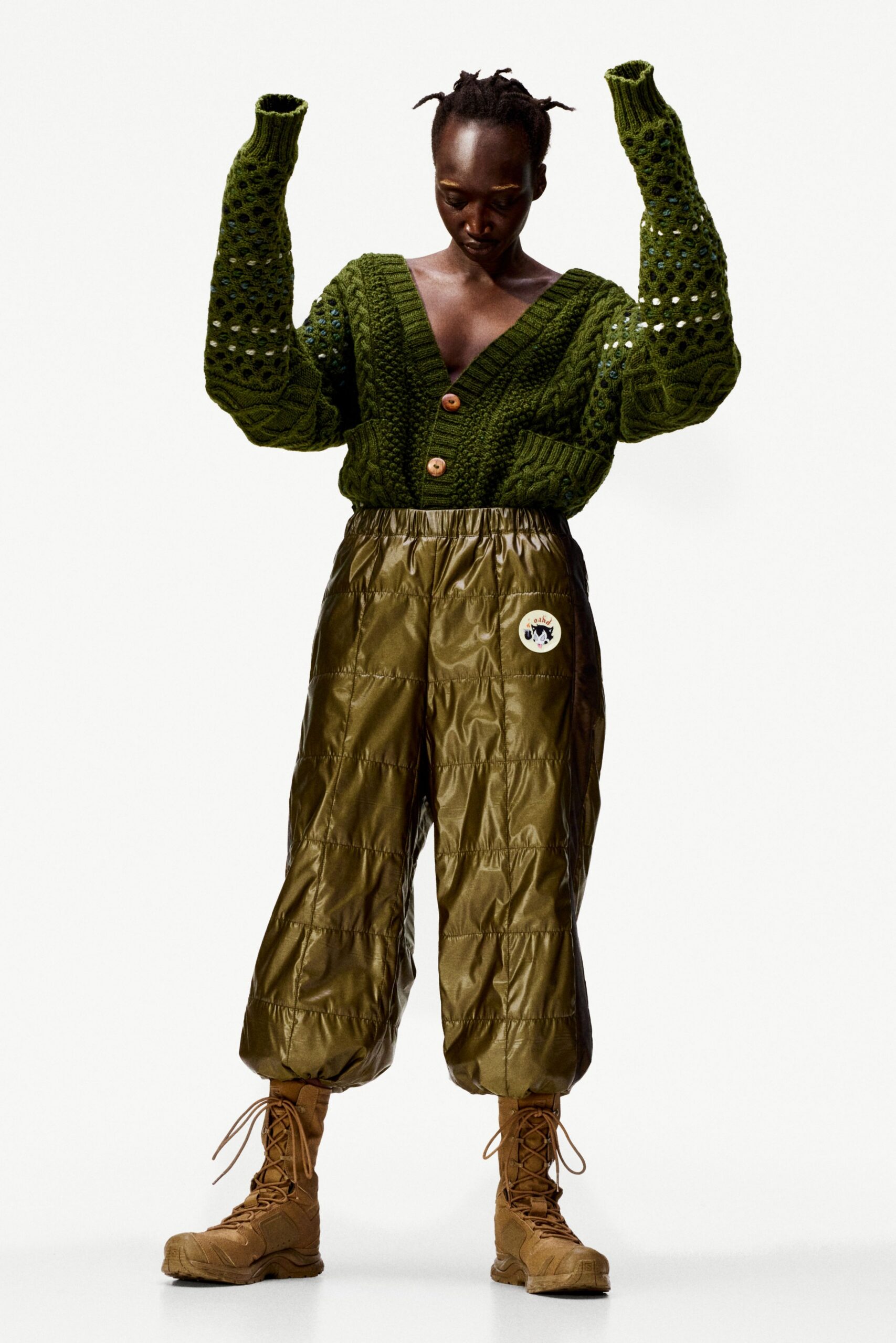 green wool long-sleeve v-neck oversized buttoned sweater
