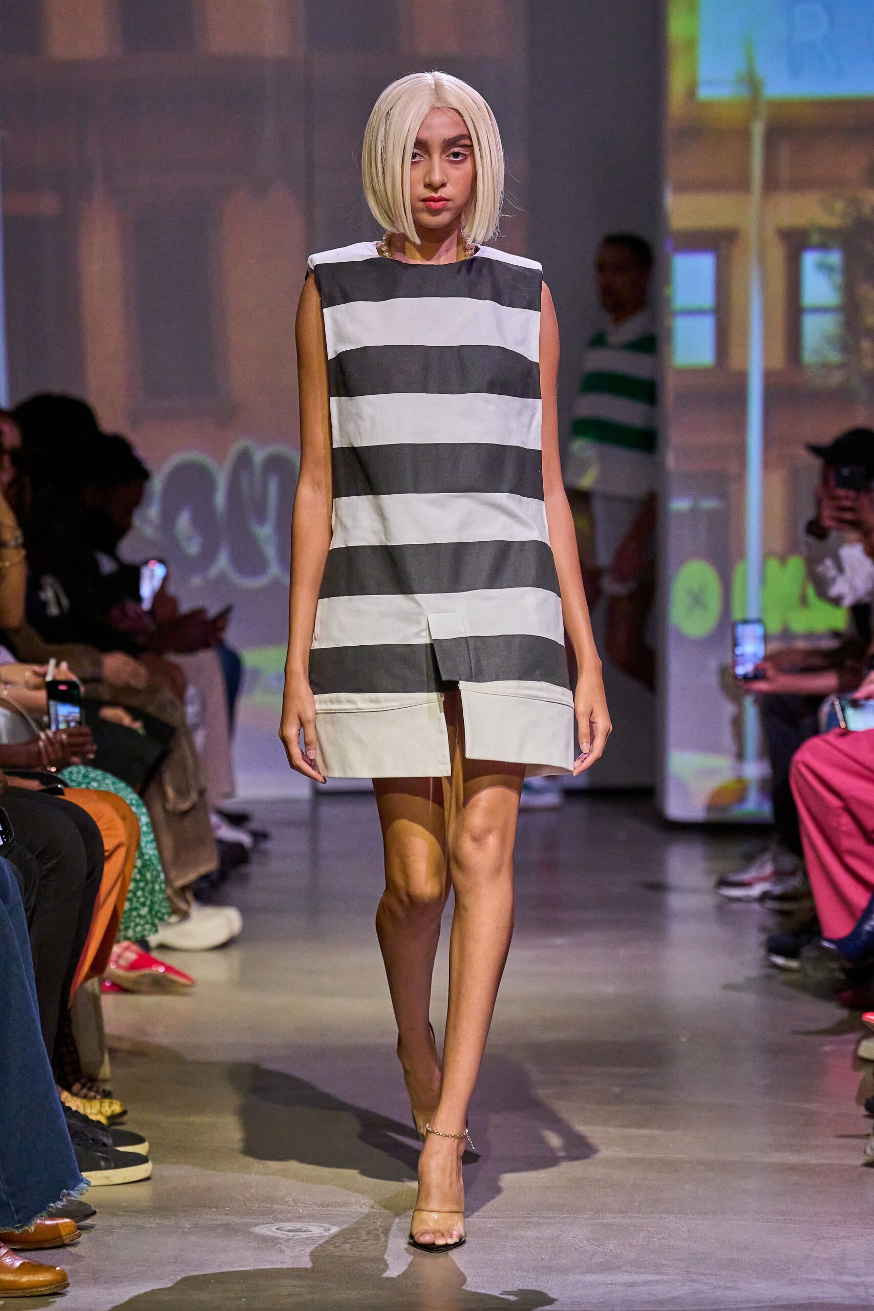 gray cotton sleeveless collared fitted striped mini dress