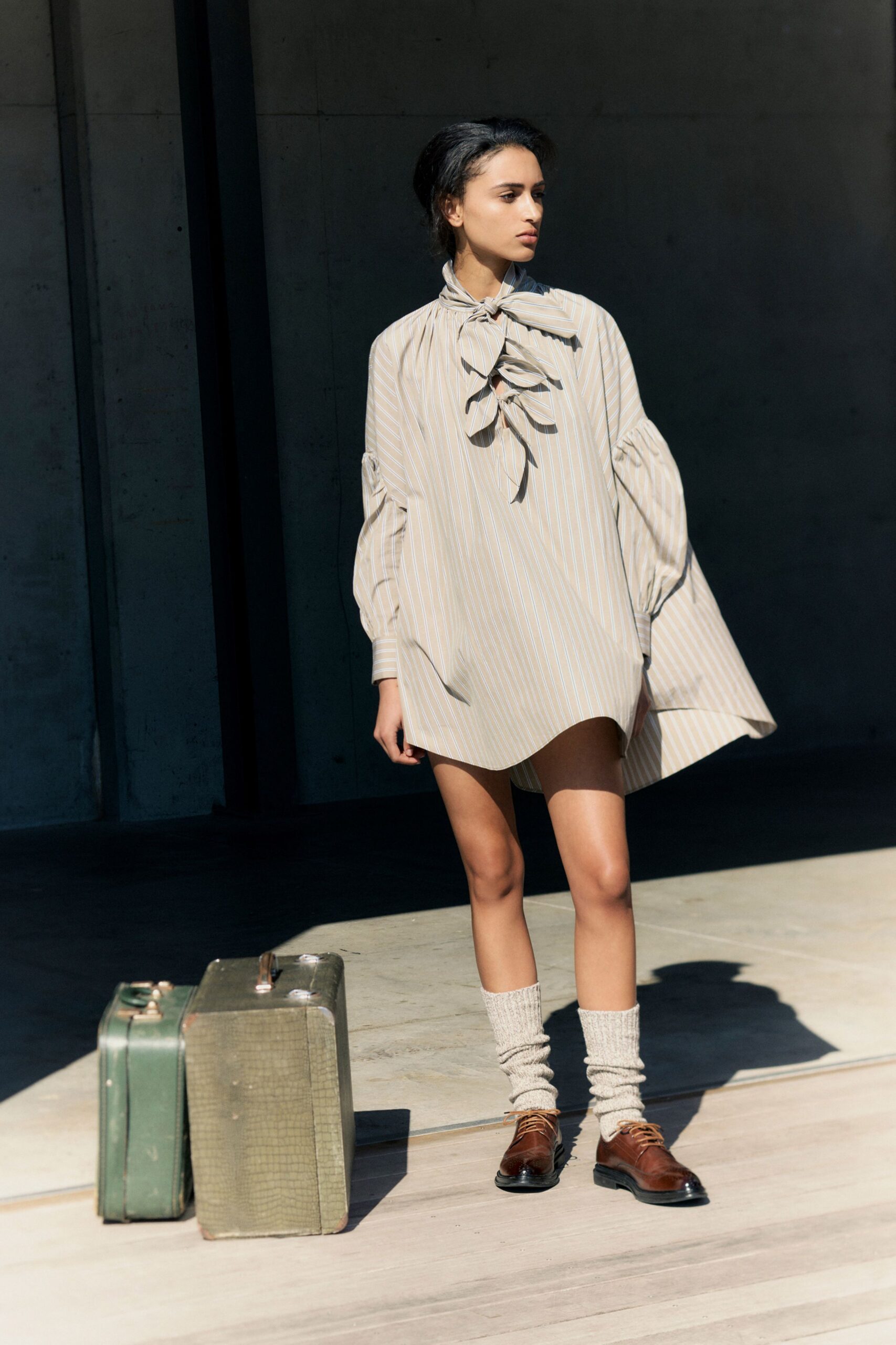 beige cotton long-sleeve collared relaxed striped ruffled dress