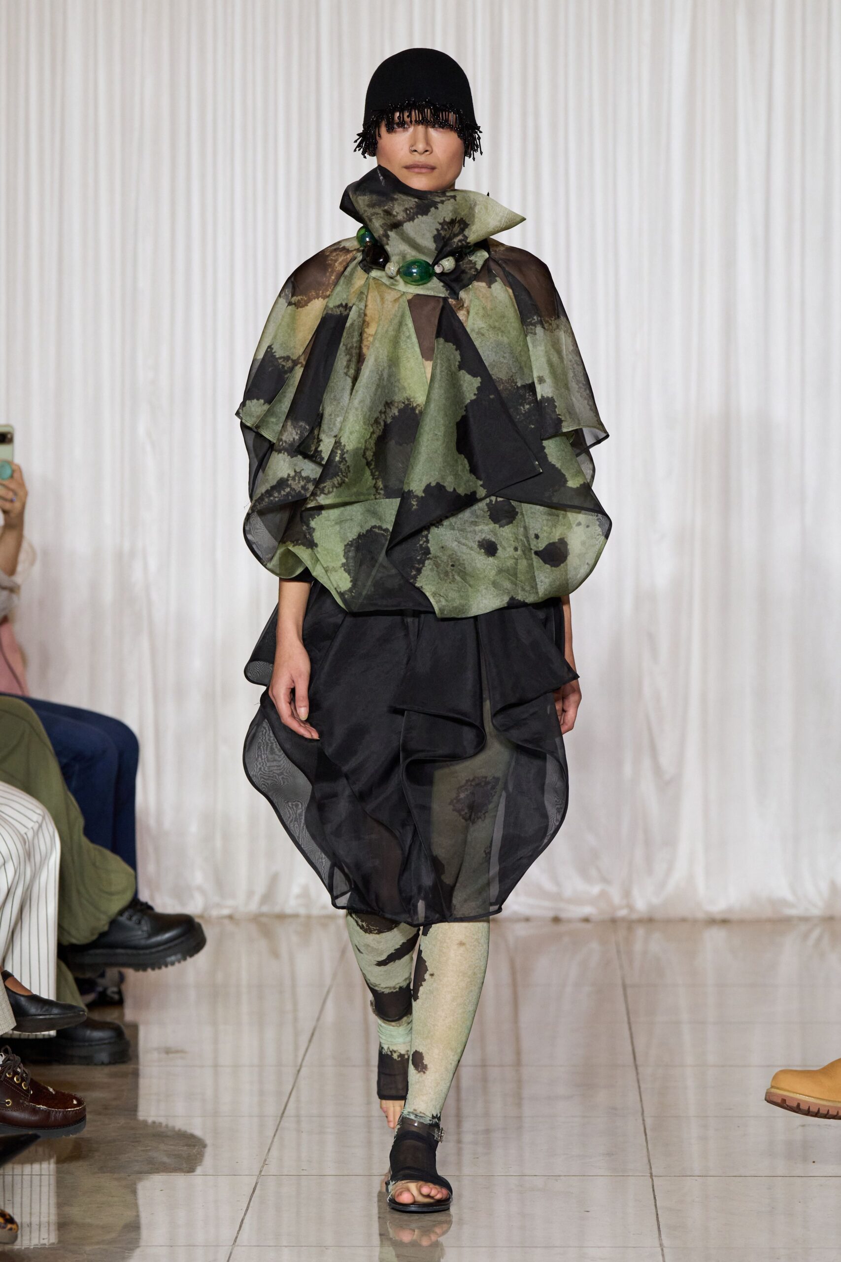 green silk sleeveless relaxed layered draped flowing dress