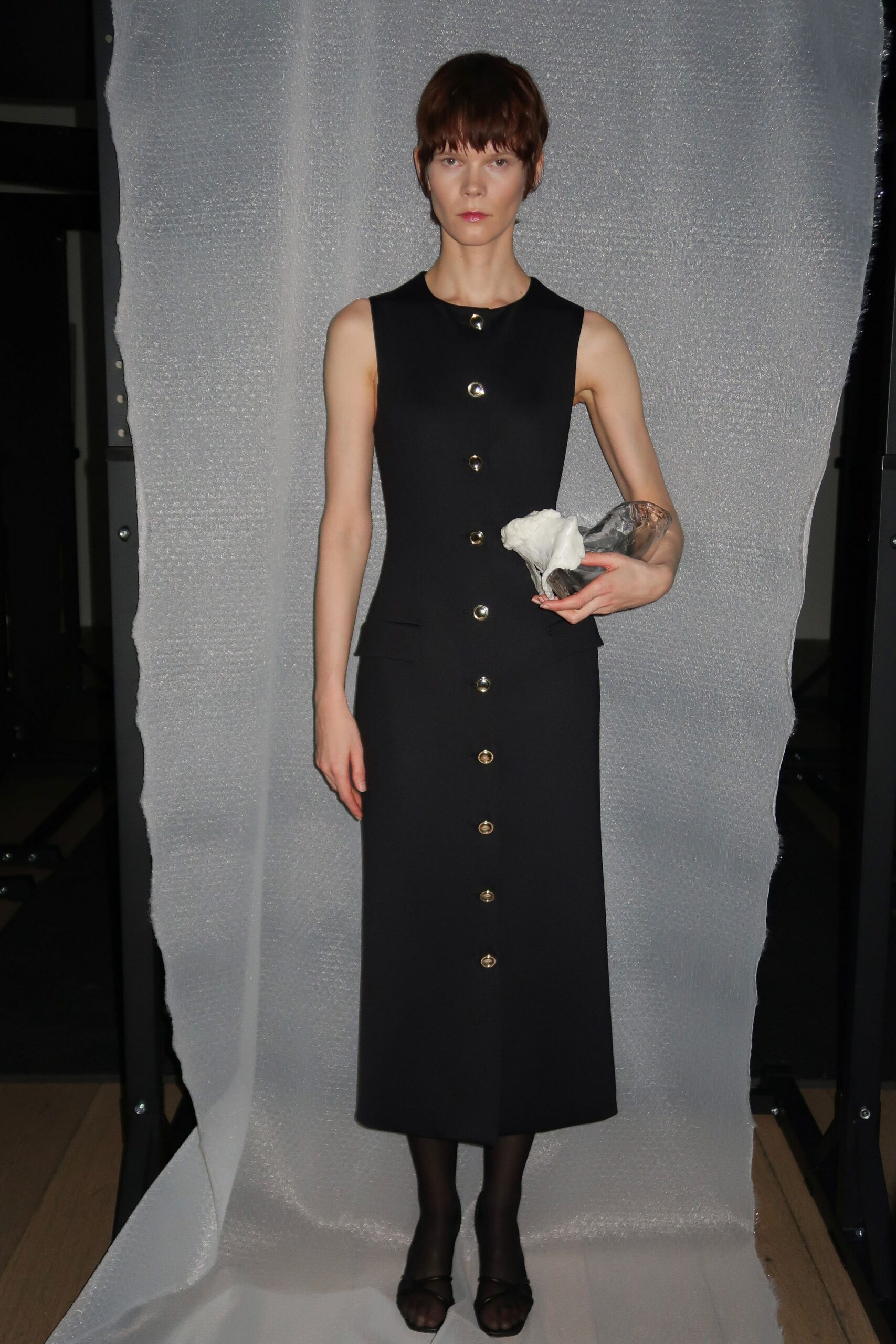 black cotton sleeveless v-neck fitted buttoned midi dress