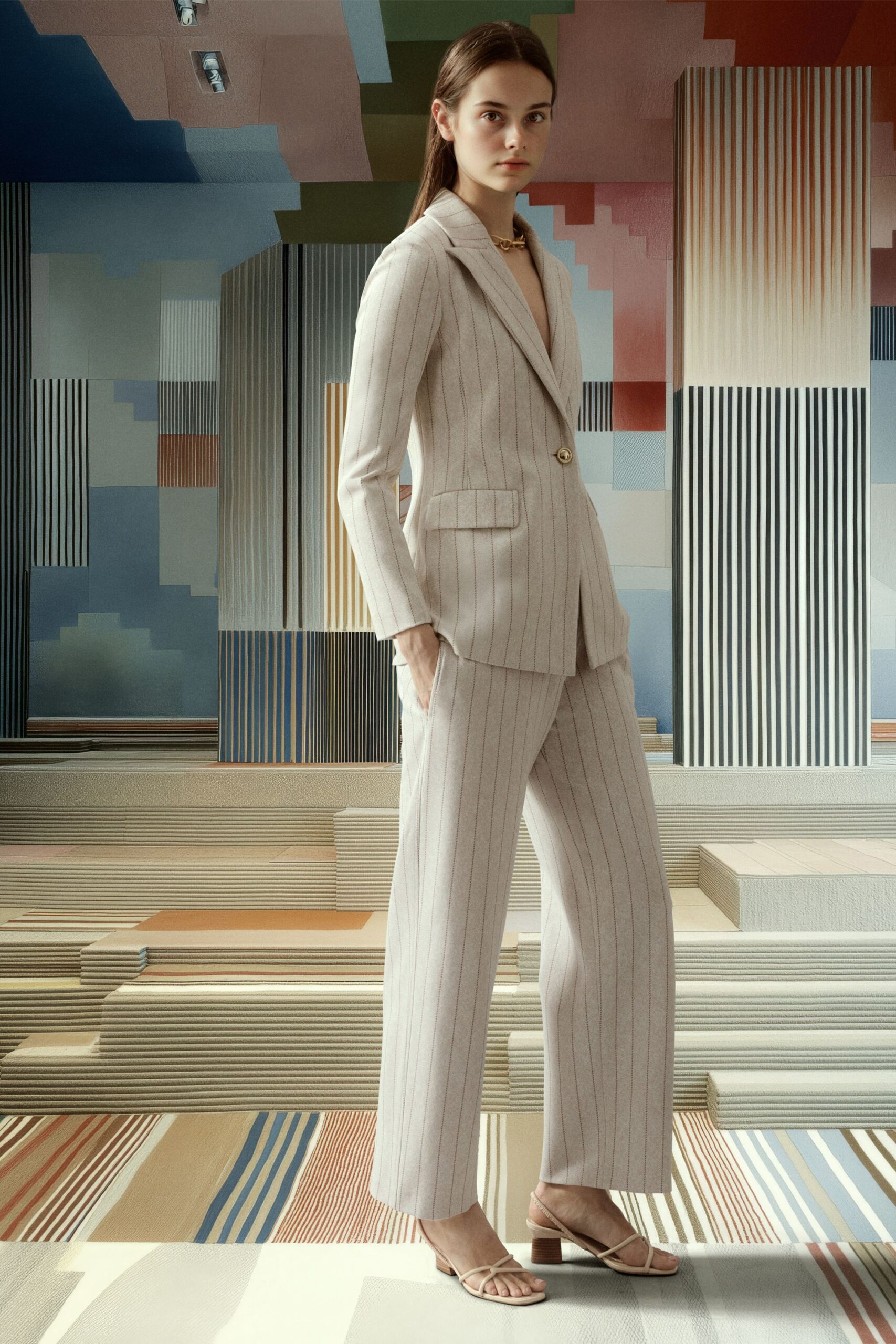 beige striped tailored suit