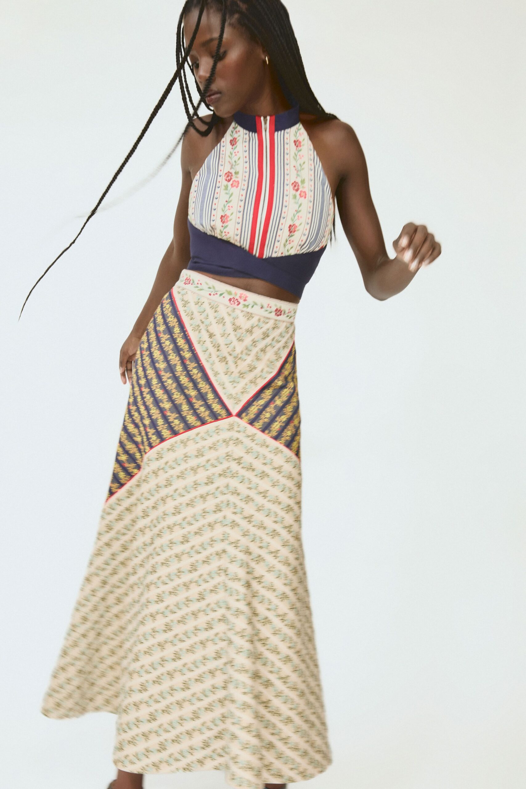 multi sleeveless halter fitted striped printed top