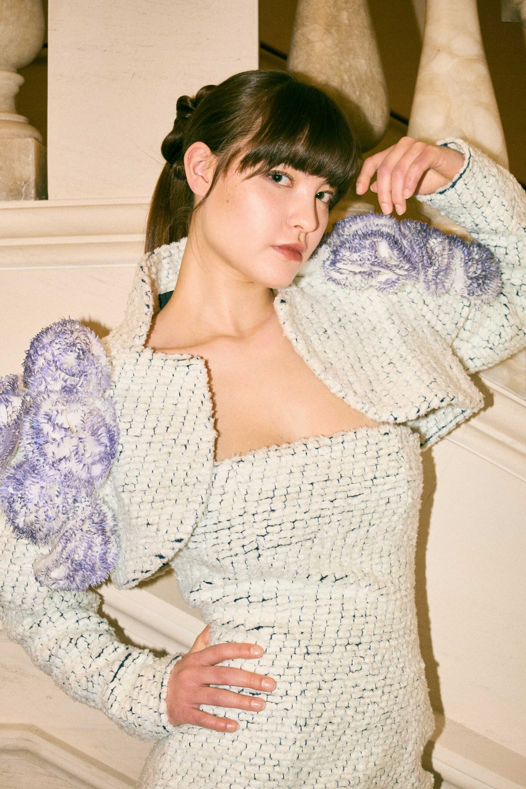 white cotton long-sleeve collared fitted embroidered jacket