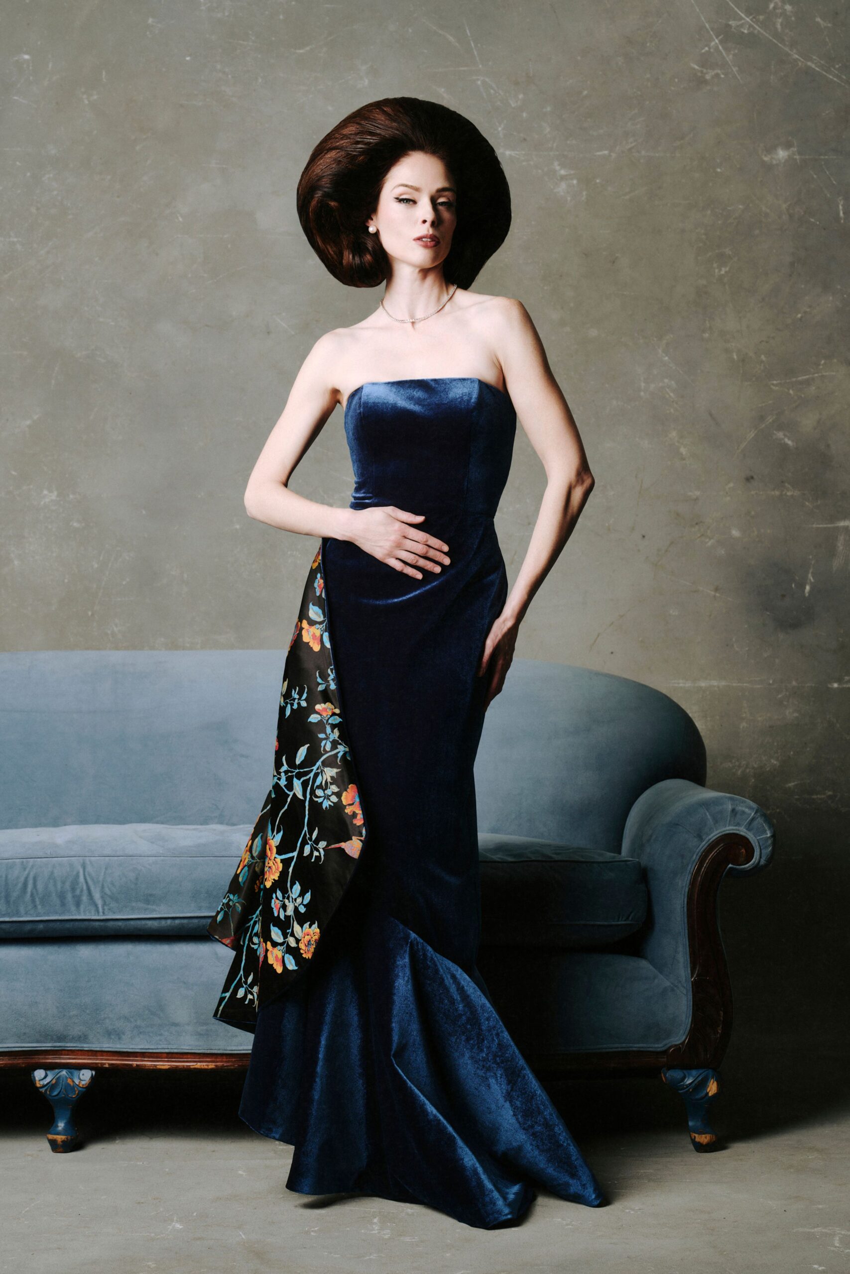 blue velvet strapless gown