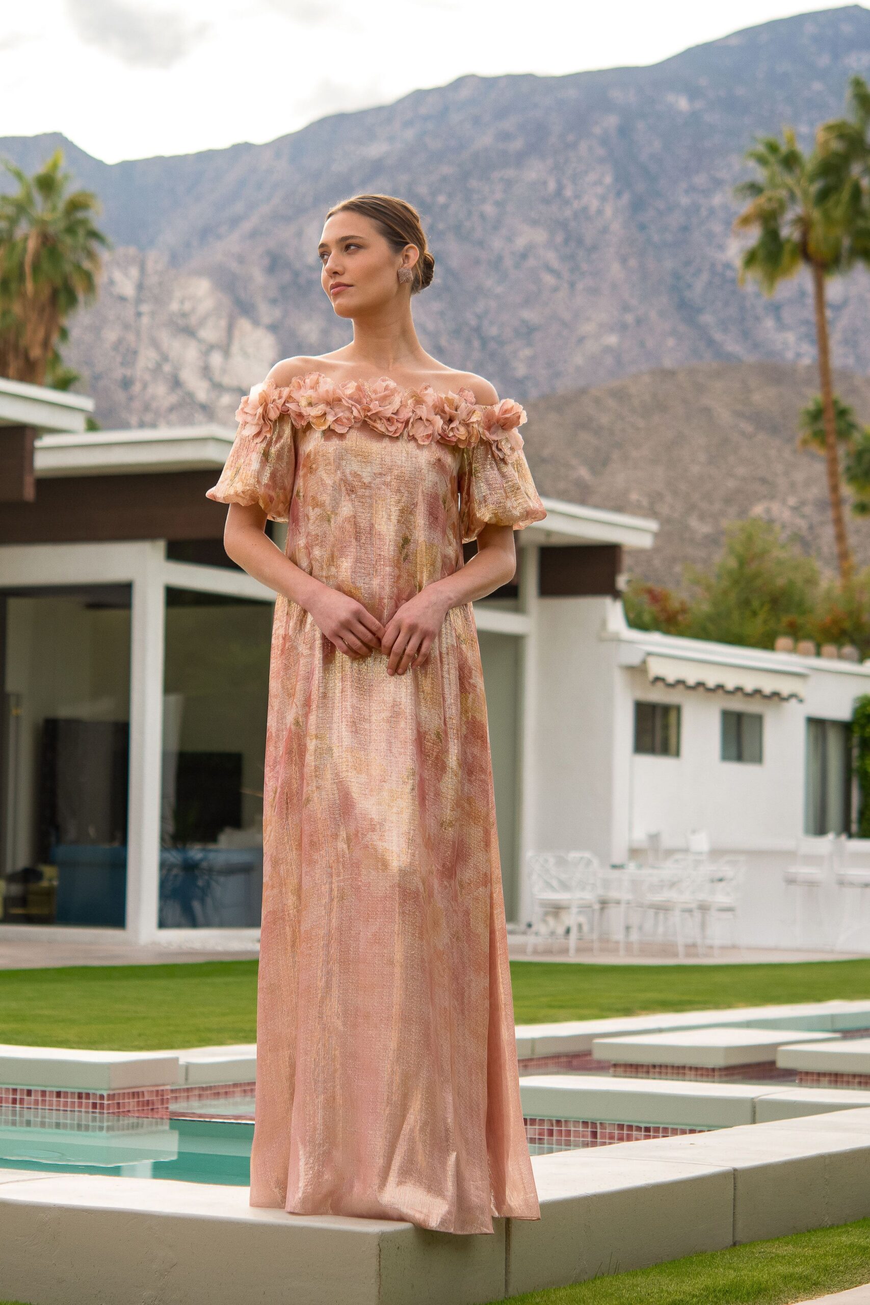 pink silk off-shoulder gown