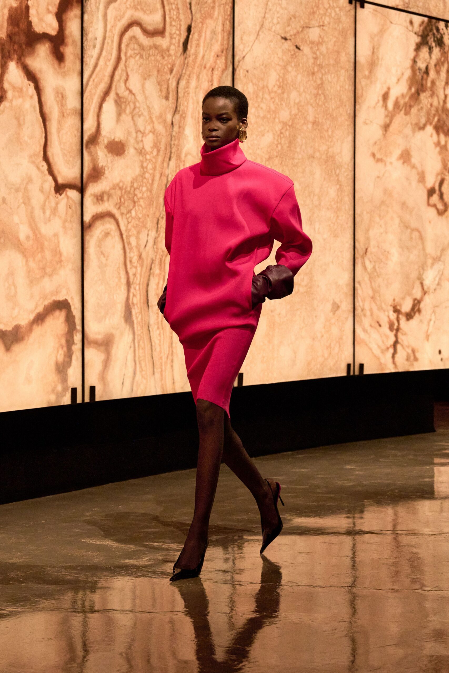 pink cotton long-sleeve turtleneck oversized short dress