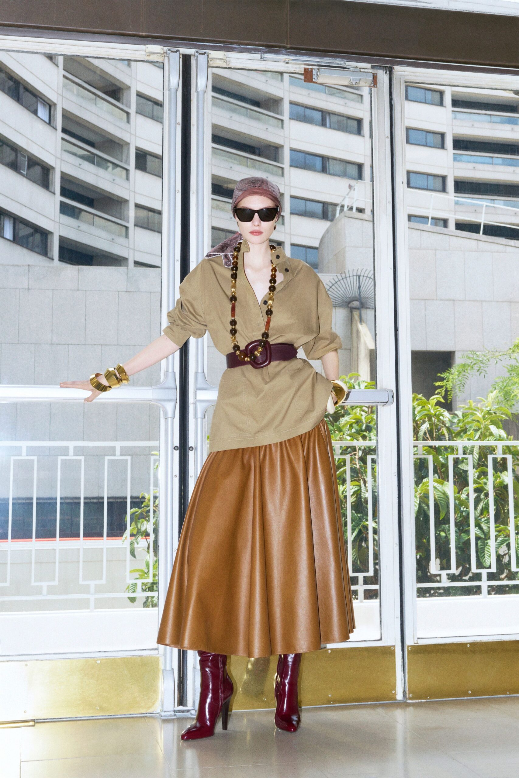 brown leather fitted flared maxi skirt