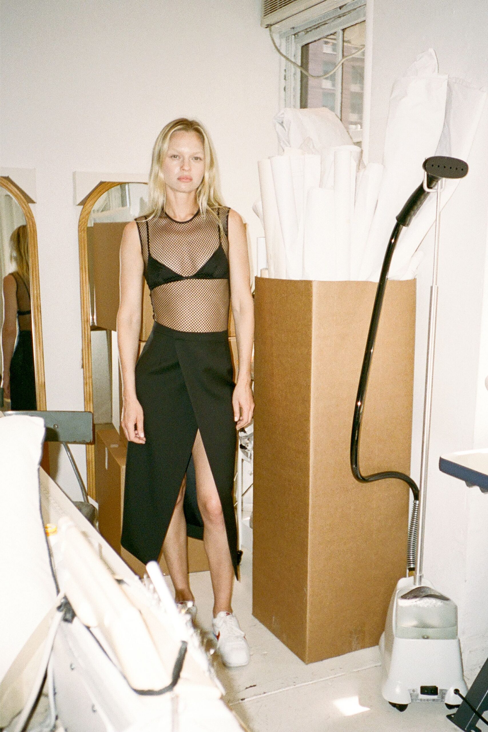 black midi dress with white shoes