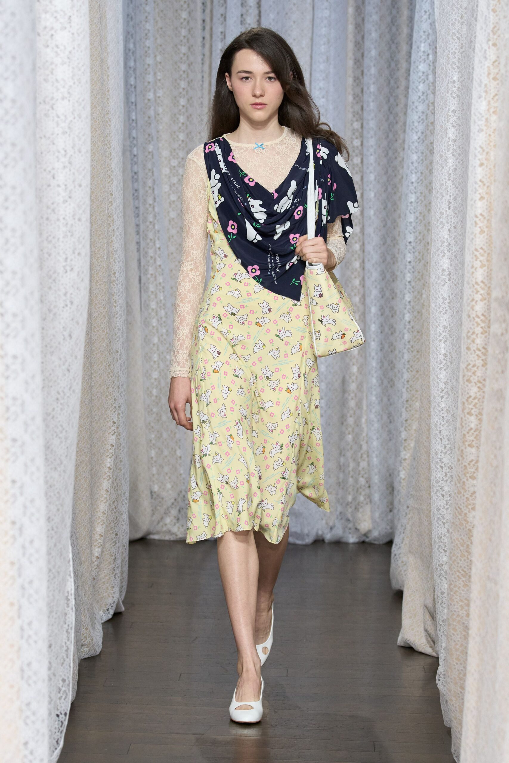 yellow floral midi dress with blue top