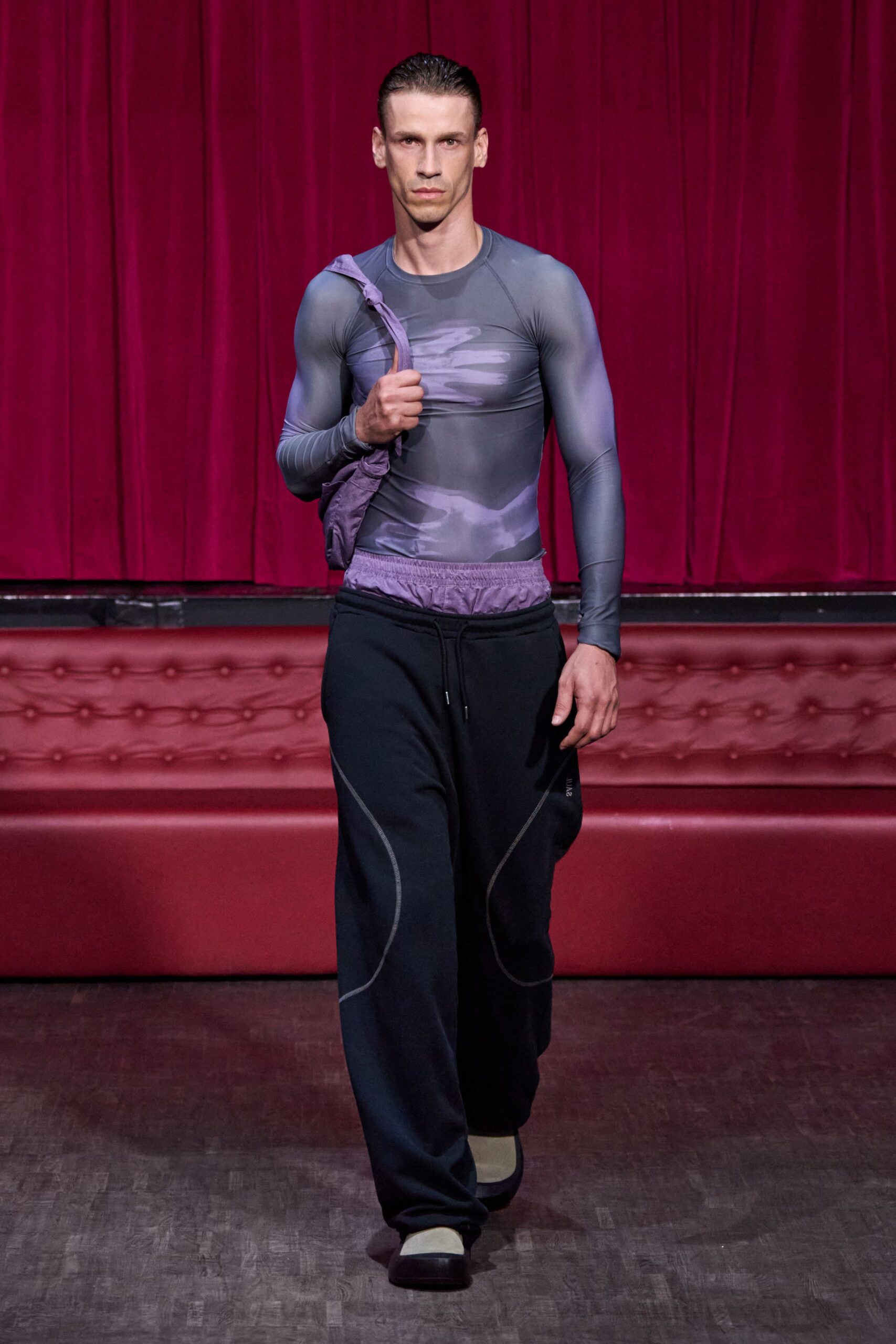 purple mesh top with relaxed pants