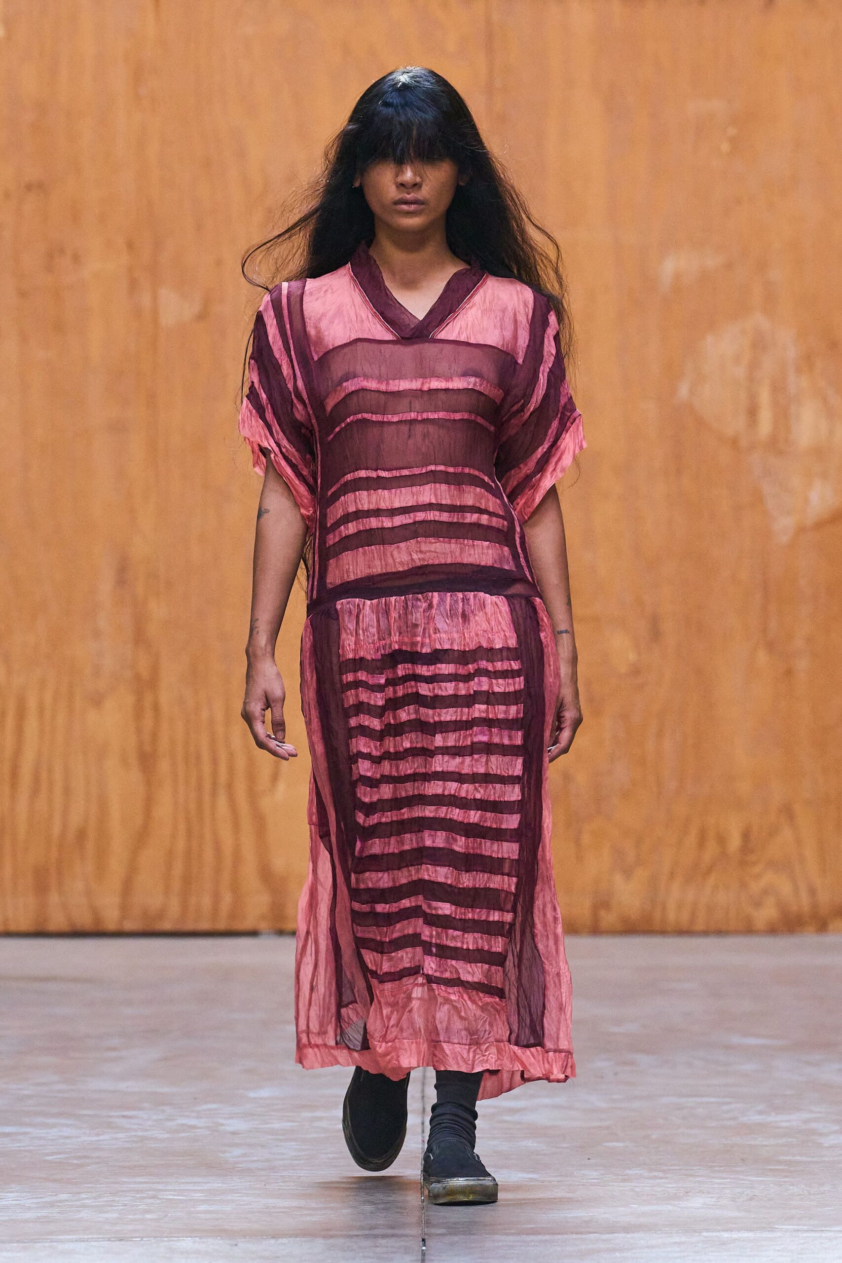 pink silk short-sleeve v-neck relaxed striped draped dress