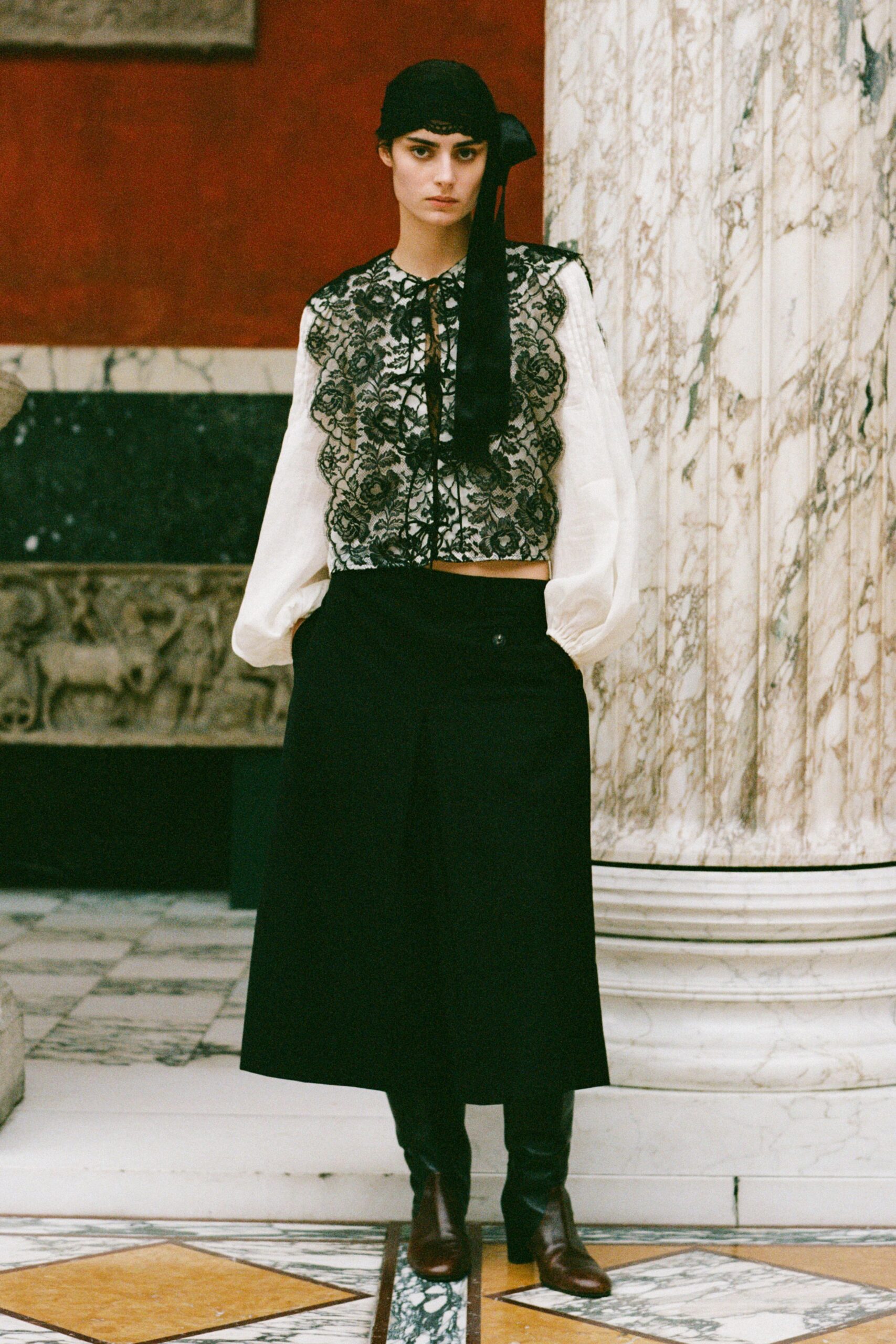 black and white ruffled blouse with midi skirt