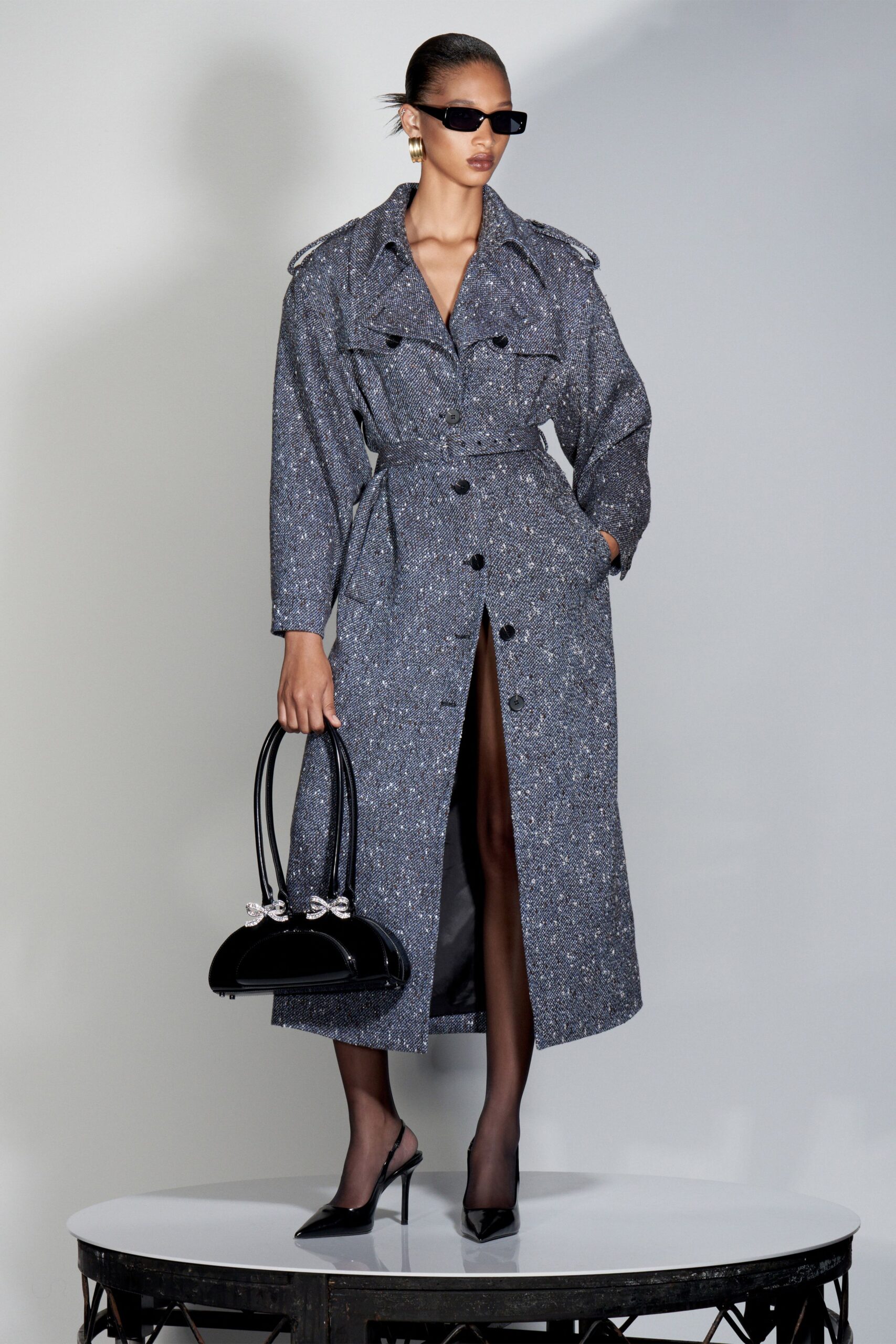 gray tweed long-sleeve collared relaxed belted maxi trench